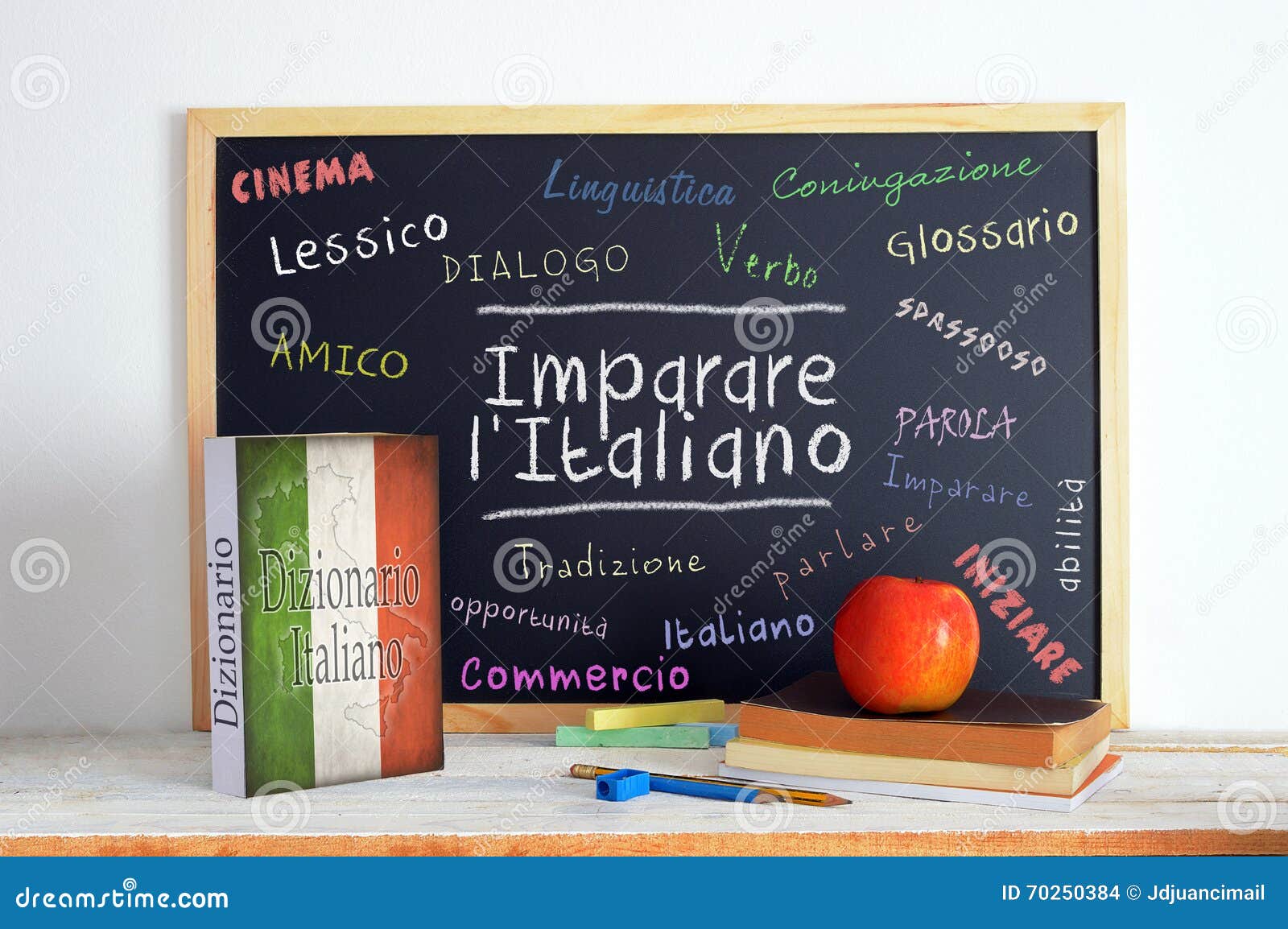 blackboard in a italian language classroom with the message learn italian