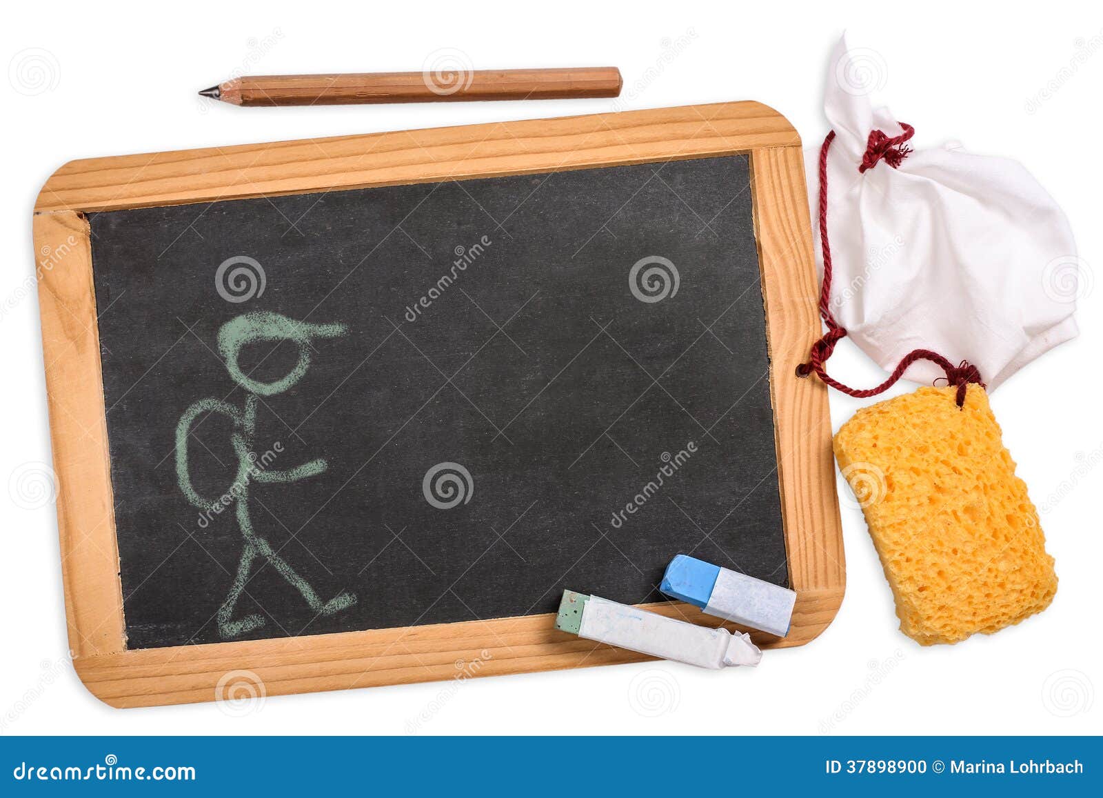 Blackboard with Pencil, Chalk, Sponge Cloth and a Drawing Stock Photo