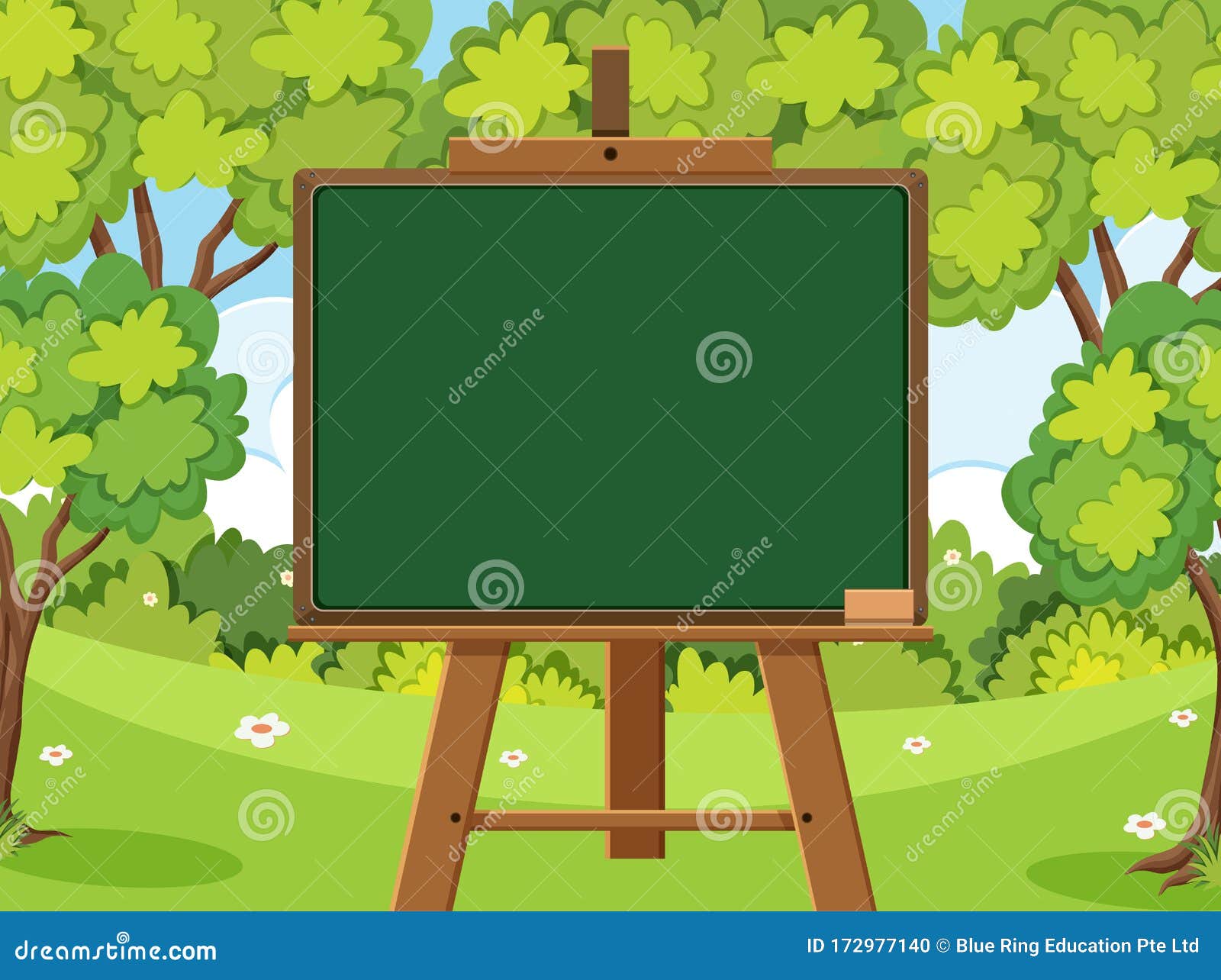 Blackboard Template Design with Many Green Trees in Forest Stock Vector