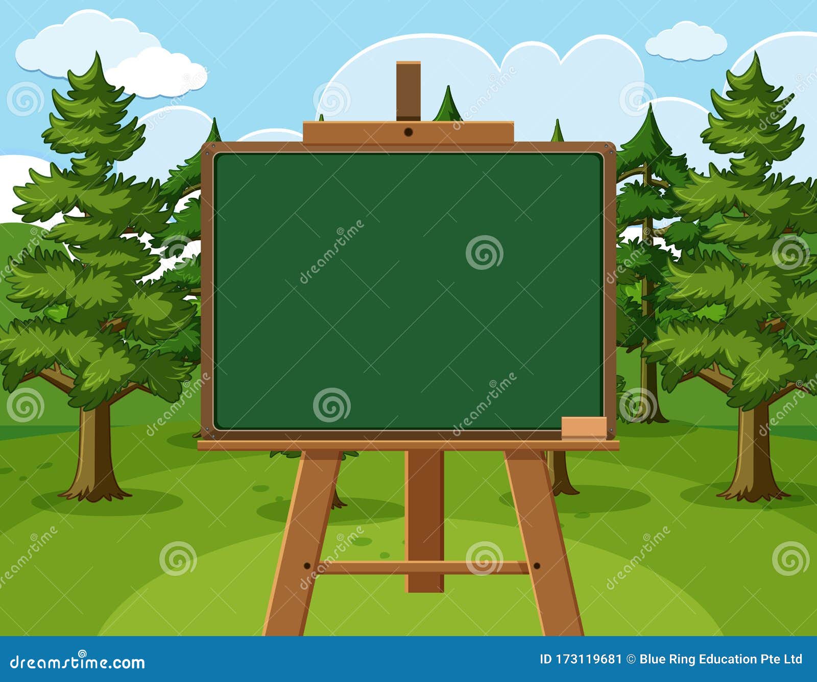 Blackboard Template Design with Pine Trees in the Forest Stock Vector