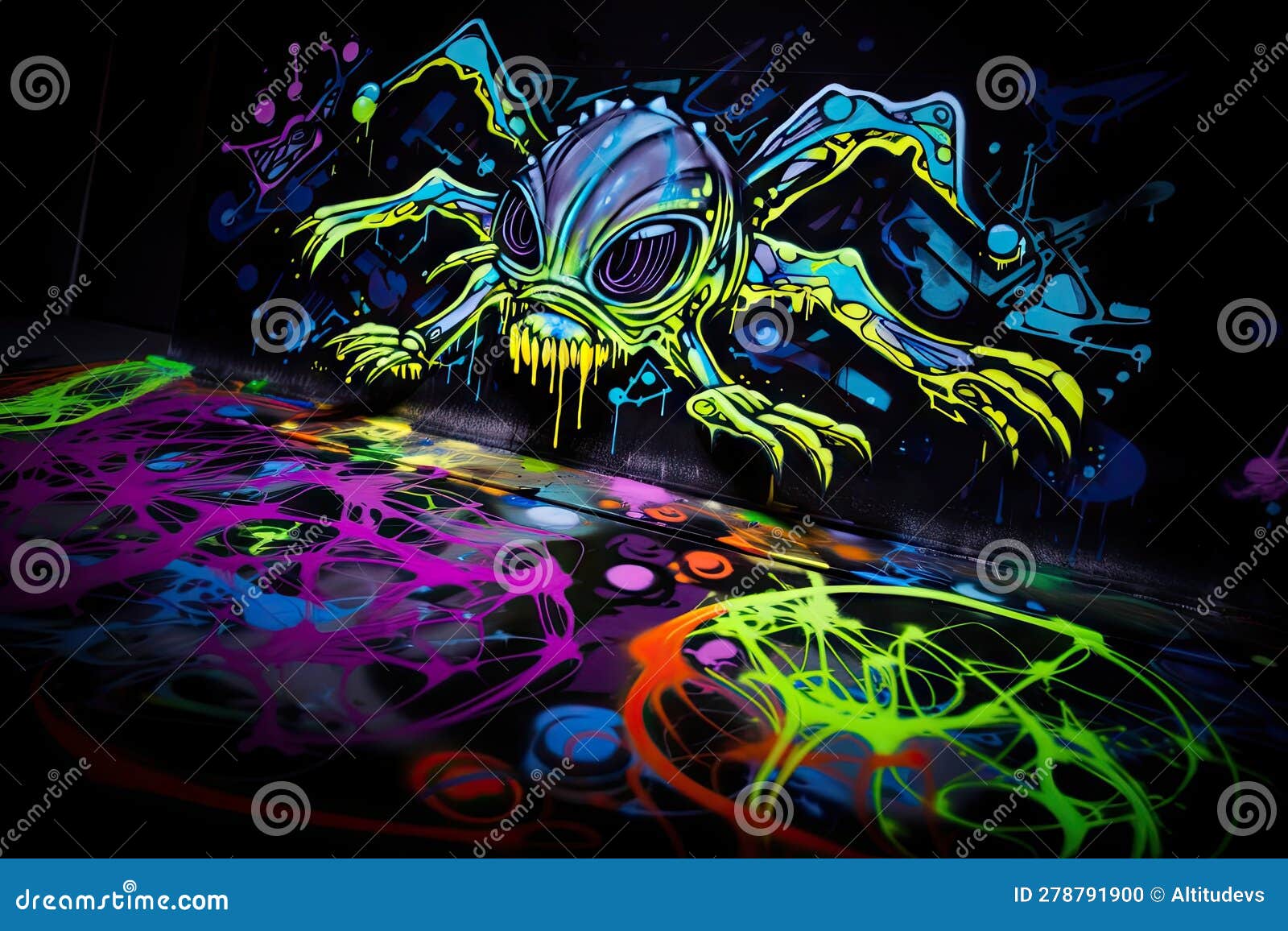 Blacklight and Uvreactive Graffiti Art, with Added Touch of Spray Paint Stock Photo Image of