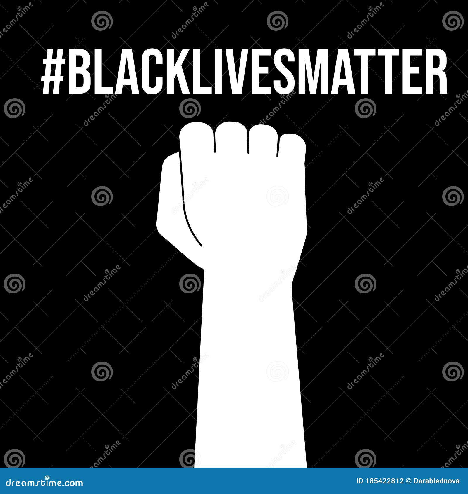 blacklivesmatter poster. white fist, raised clenched hand on black. anti-racism, revolution, strike concept. stock