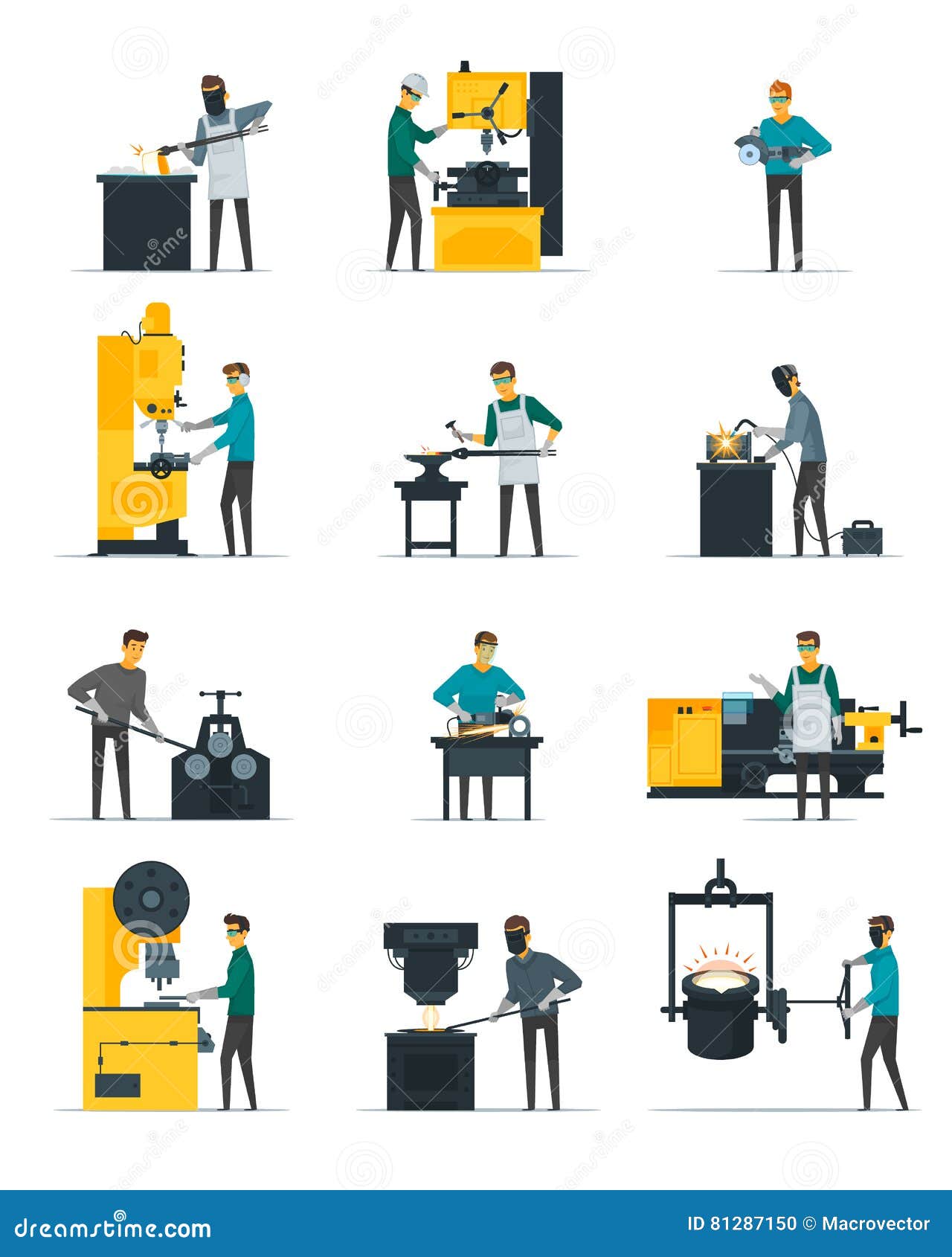 Blacksmith Metalworking Process Flat Icons Collection Stock Vector Illustration of craftsman