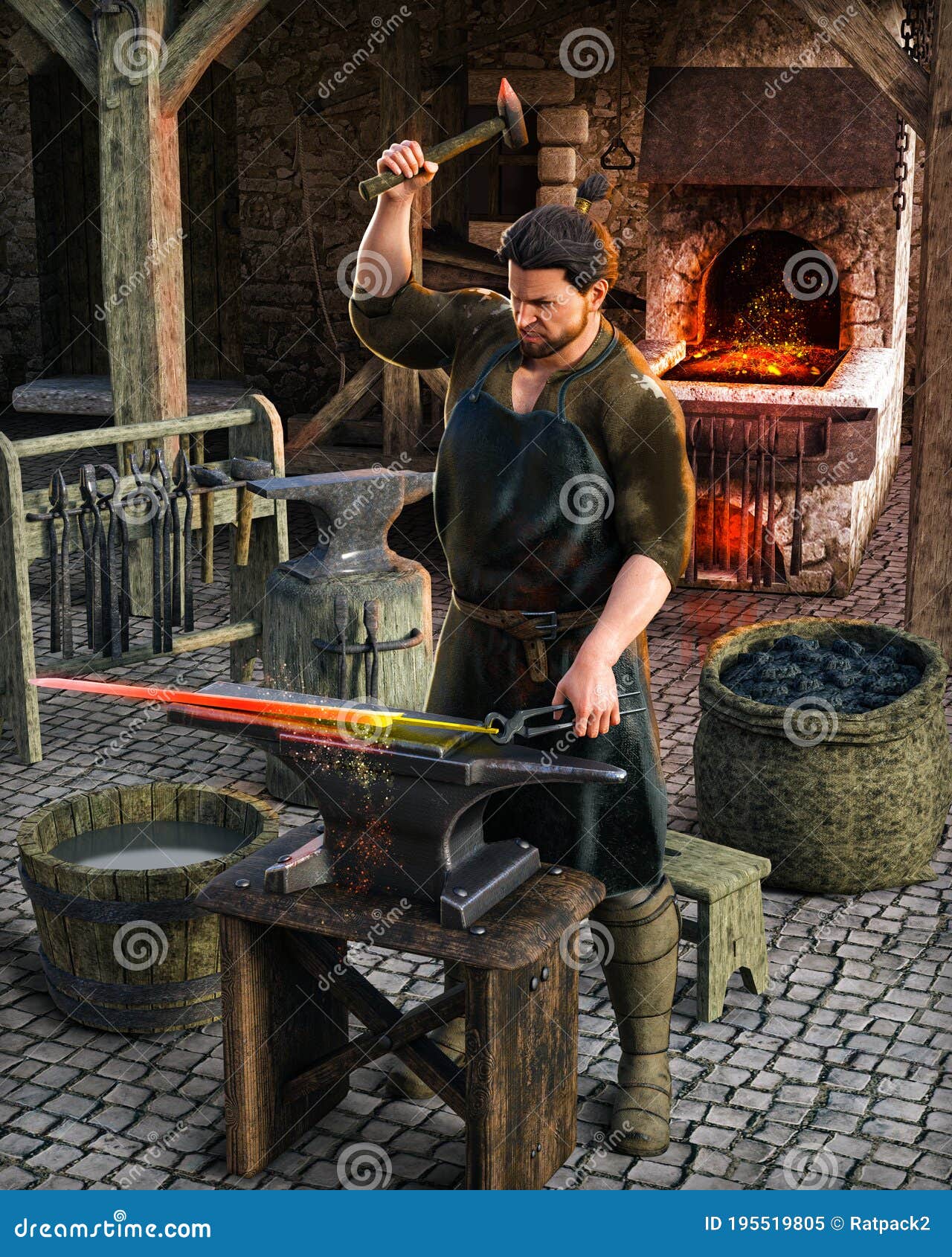 Blacksmith at Work Outside His Shop in a Medieval European Village