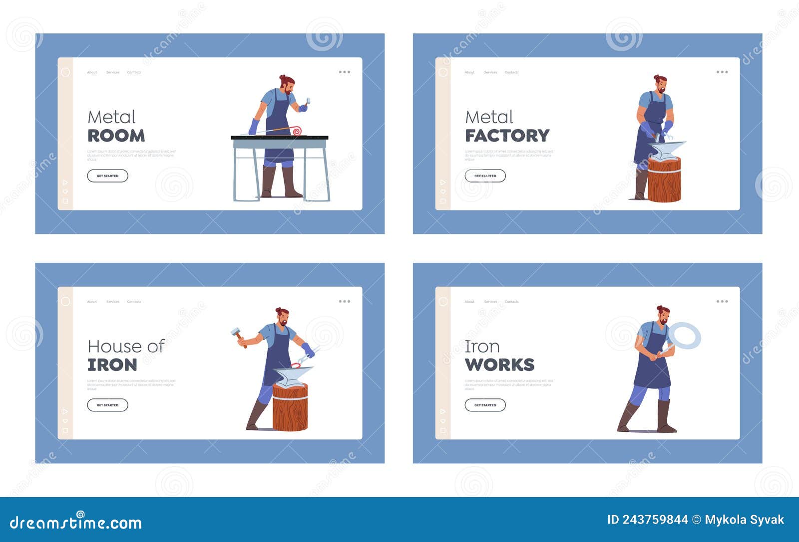 blacksmith works landing page template set. male characters with instruments hammer or anvil. professional master