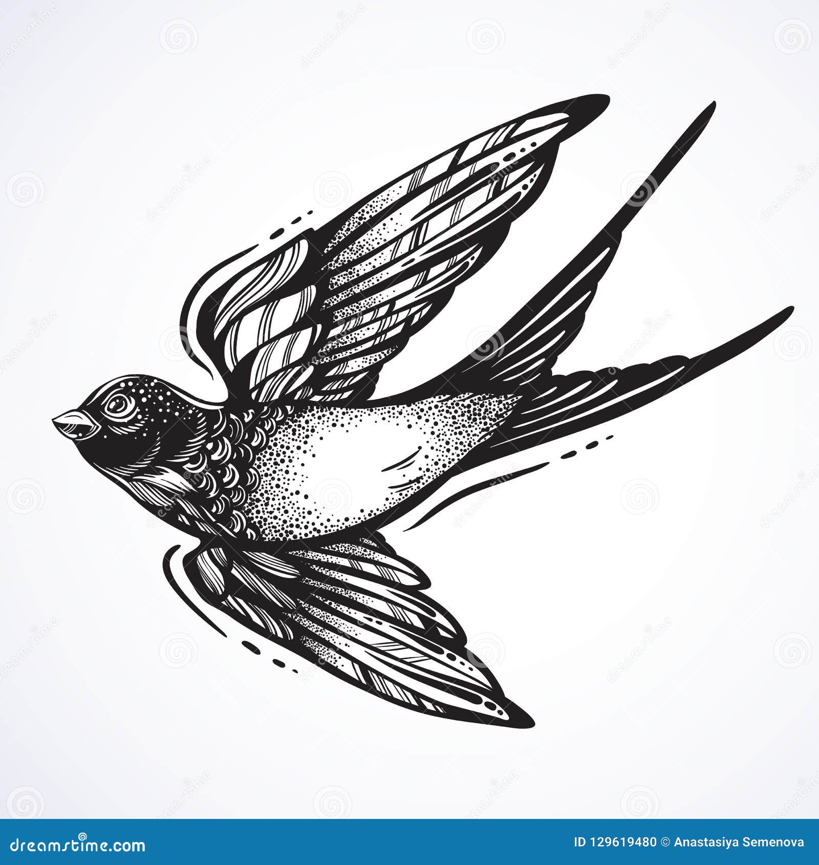 Blackwork Tattoo Flash. Beautifully Detailed Flying Swallow Bird. Vintage Retro Style Design. Isolated Vector Illustration Stock Vector - Illustration of engraved, detailed: 129619480