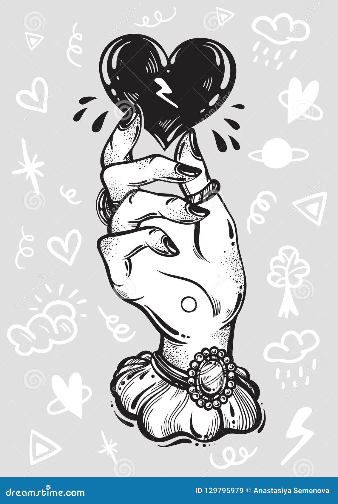 Blackwork Tattoo Flash. Vintage Woman`s Hand Holding Black Heart. Doodle Signs Around. Dark Romance Stock Vector - Illustration of engraving, heart: 129795979
