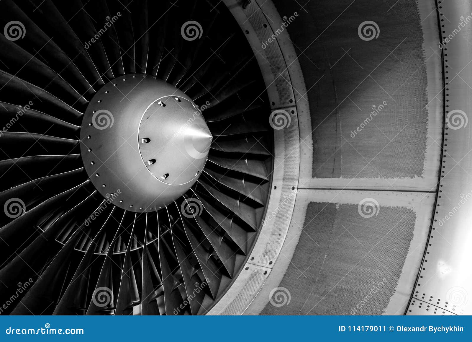 blades of an aircraft engine close-up. travel and aerospace concept. black and white filter