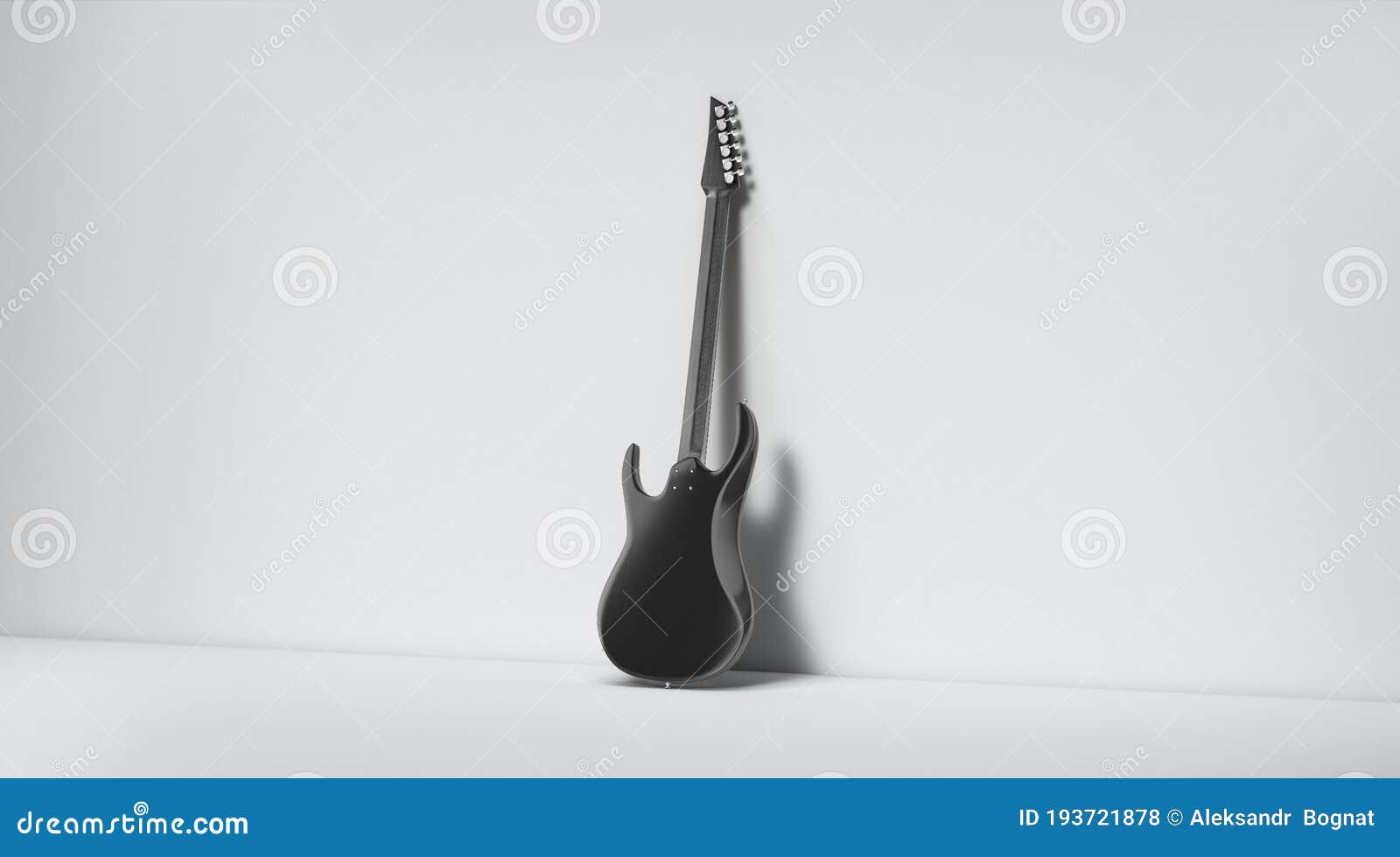 blank black electric guitar mockup, stand near wall, backside view