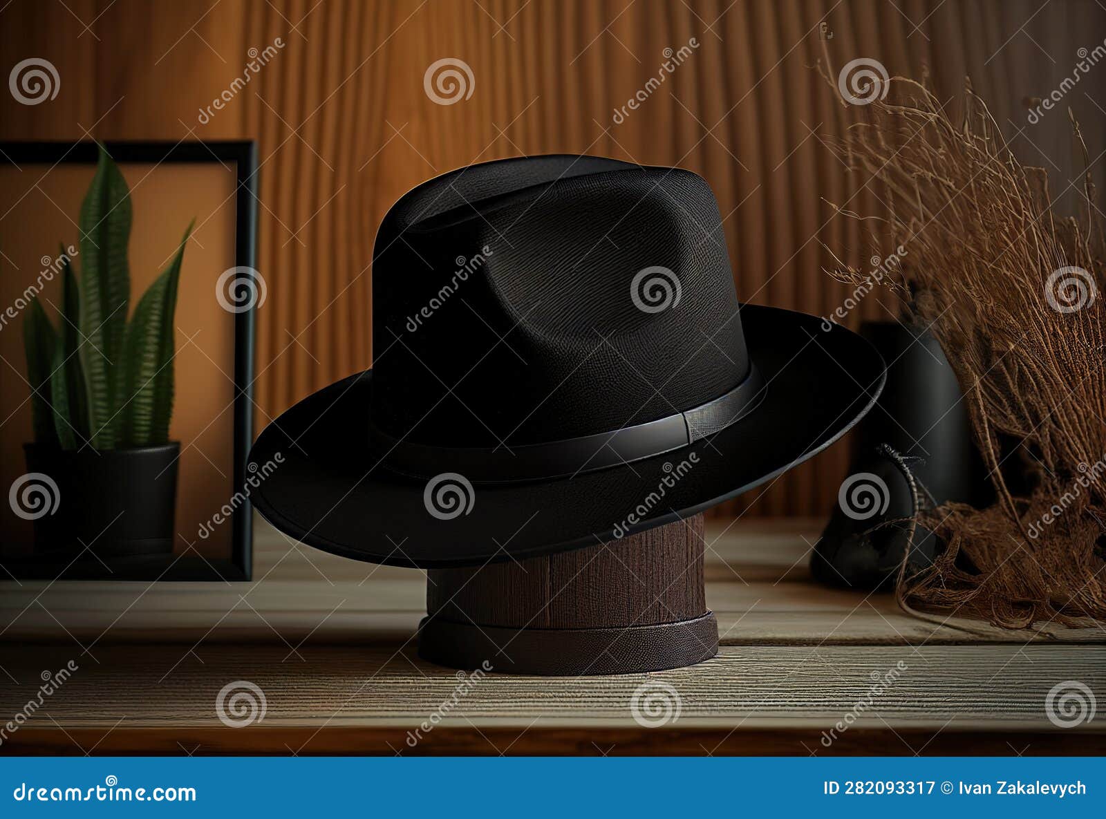 Blank Black Hat Template Mockup on Wooden Surface Illustration. Ai Blank Black Hat Template Mockup on Wooden Surface Illustration. Ai
