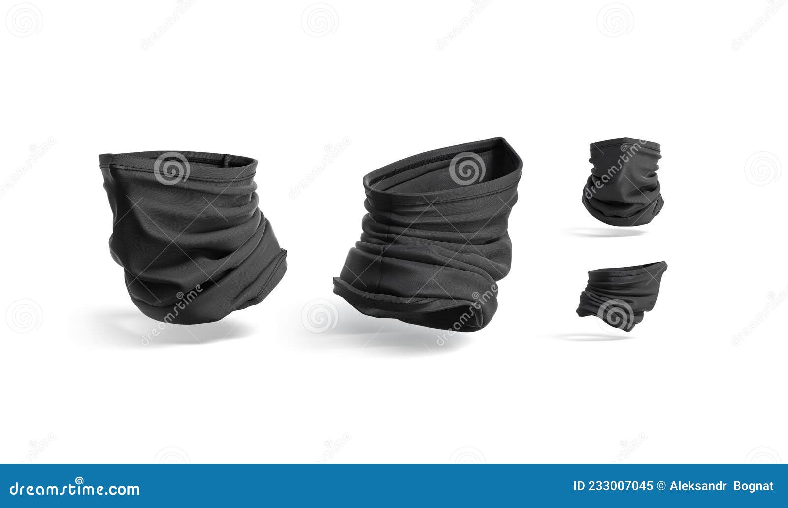 blank black neck gaiter mock up, no gravity, different views