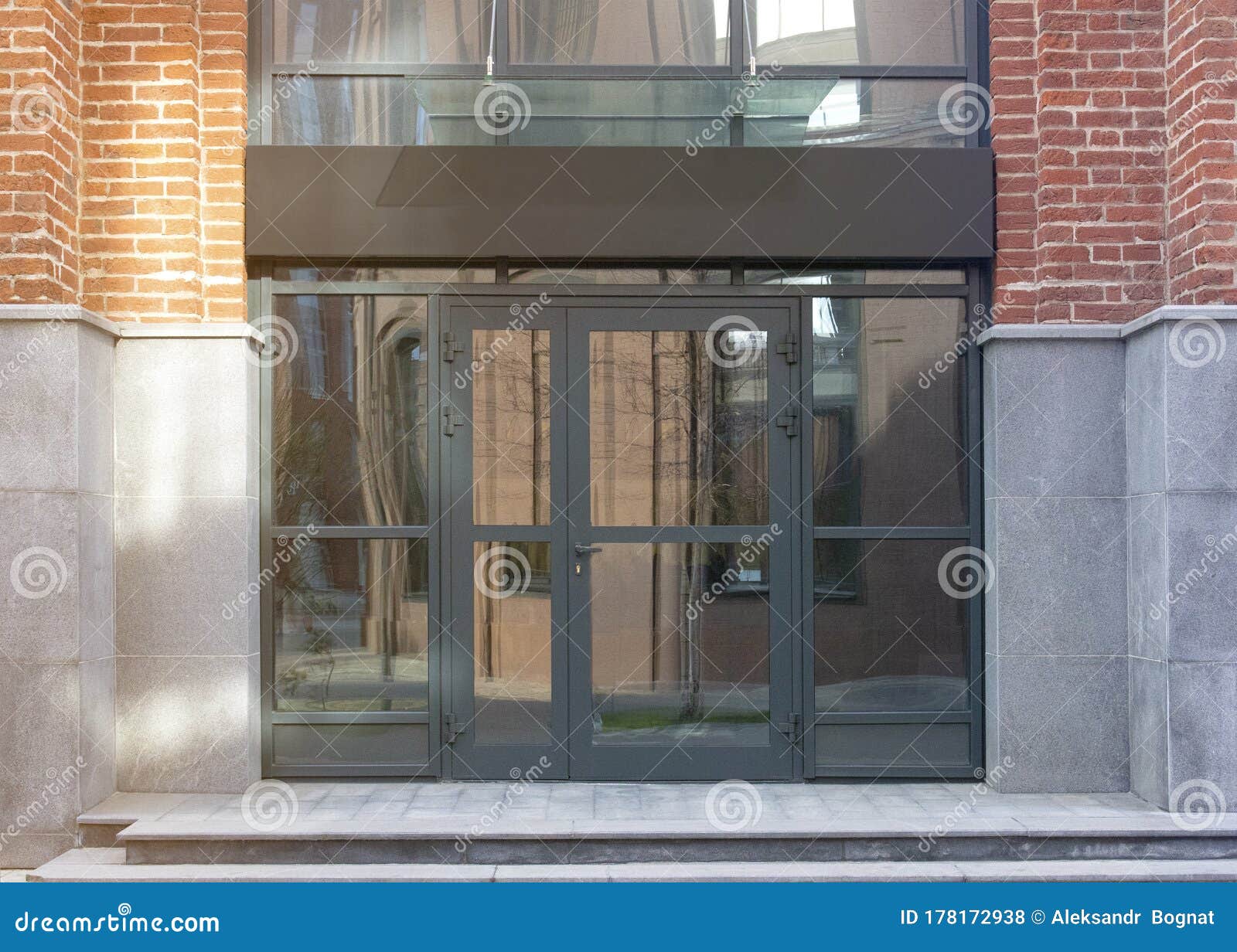 blank black rectangular box store entrance mockup, glass brick wall
