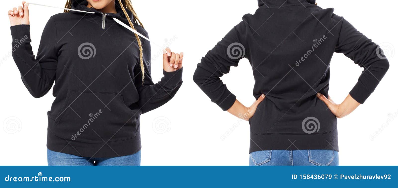 Download Blank Black Sweatshirt Mock Up Set Isolated, Front, Back View. Afro Woman Wear Hoodie Mockup ...