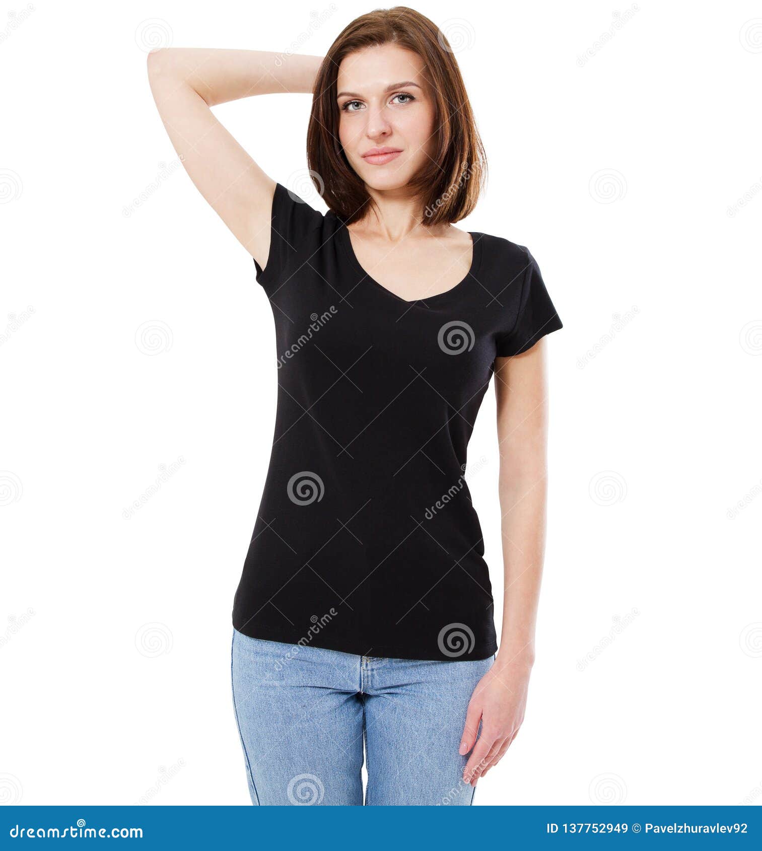 Download Blank Black T Shirt Design Mockup Women Stand Near Wal In Black Tshirt Clear Template Front Mock Up Empty Female Apparel Uniform Stock Image Image Of Girl Hands 137752949
