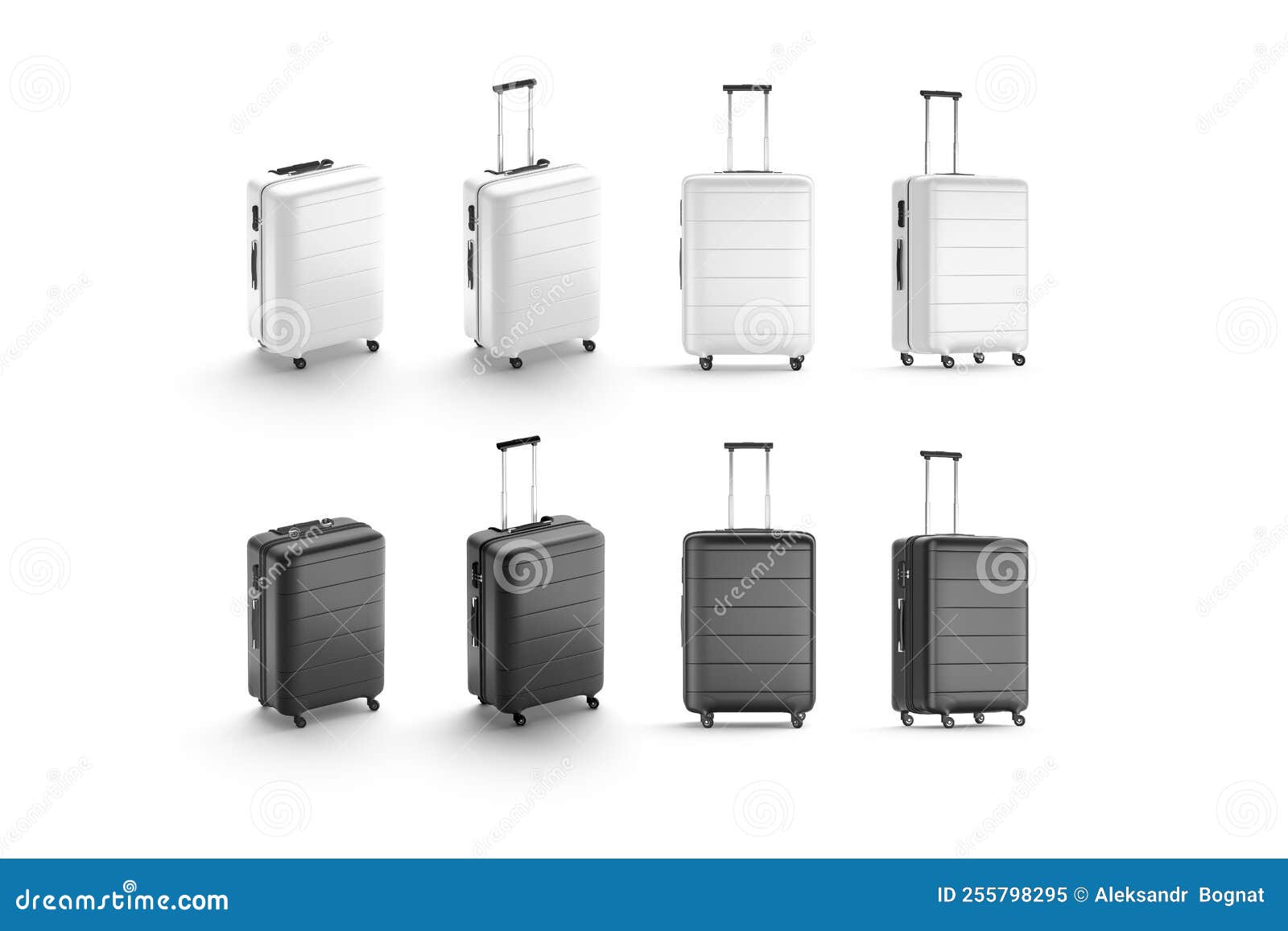 Blank Black and White Suitcase Mockup Stand, Different Views Stock