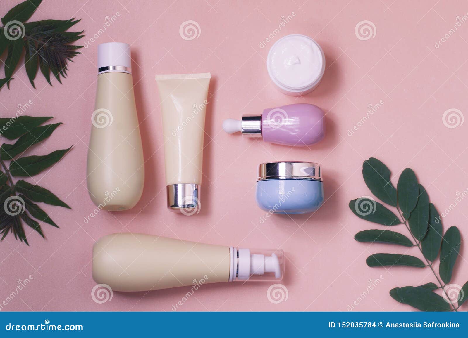 Download Blank Bottle Packaging With Natural Cosmetic Cream, Serum, Skincare, Lotion, Tonic With Leaves ...
