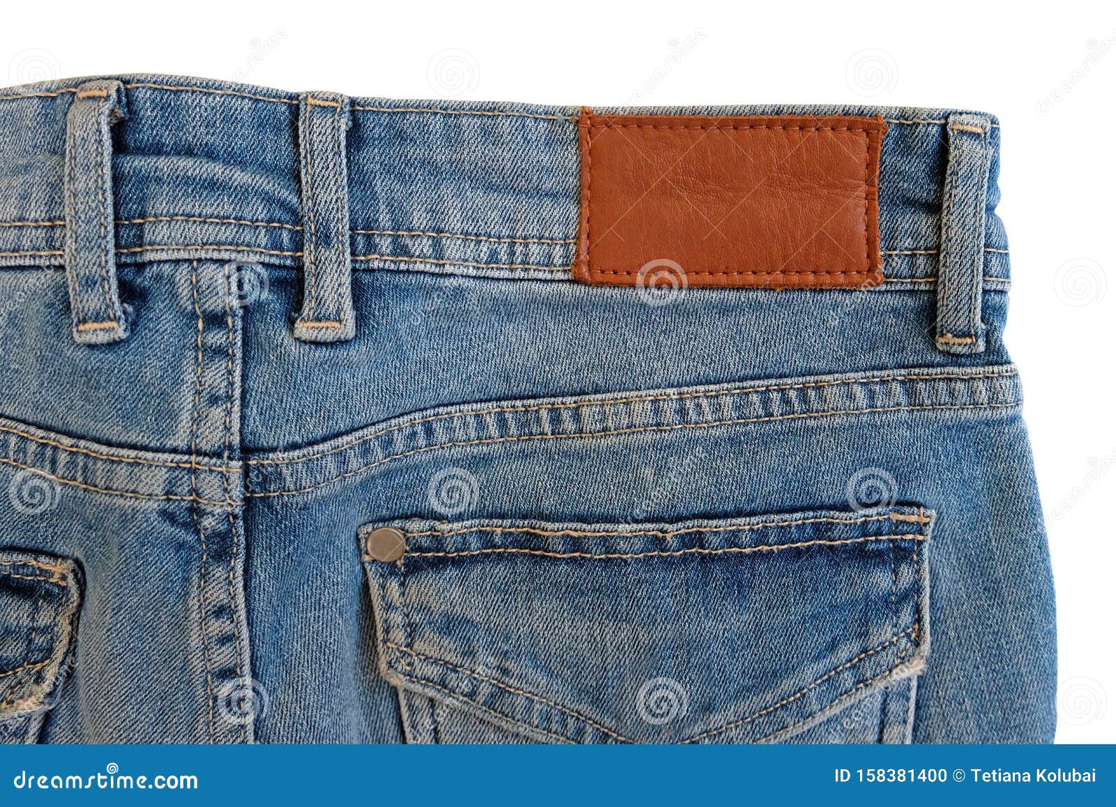 Blank Brown Leather Label Sewed on a Blue Jeans. Stock Photo - Image of ...