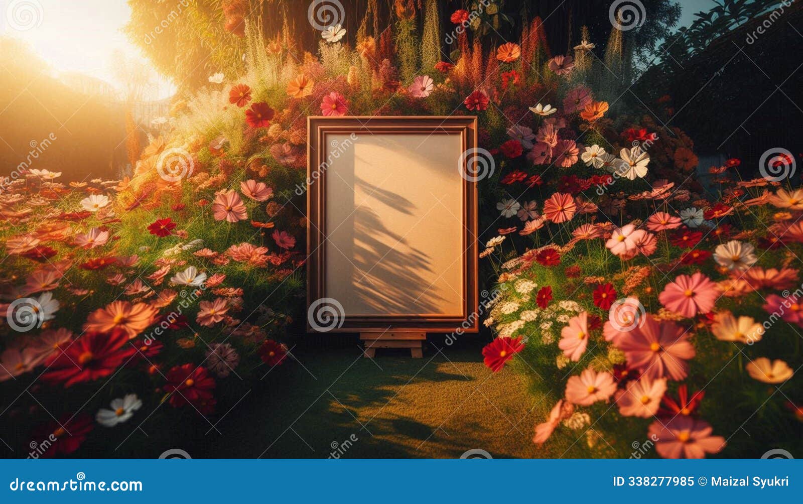 blank canvas displayed in a vibrant flower garden at golden hour, sunlight casting beautiful shadows
