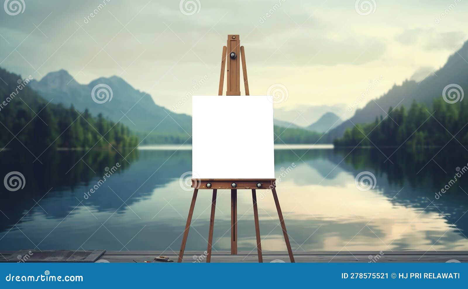 Blank Canvas Rests on a Easel on Lake Landscape. Generative Ai Stock