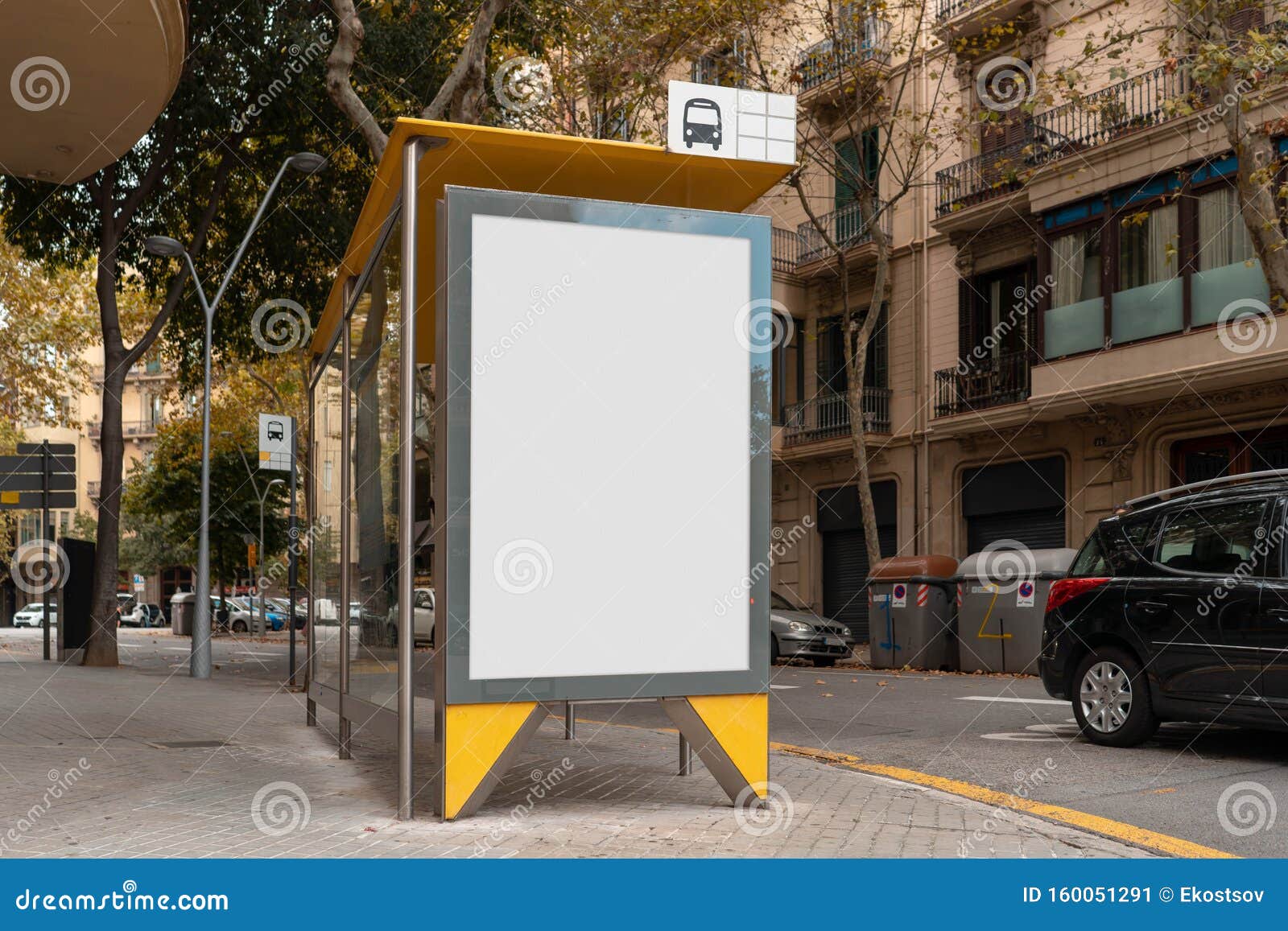 Blank Canvas  White Outdoor Banner  At Bus Stop Next To 