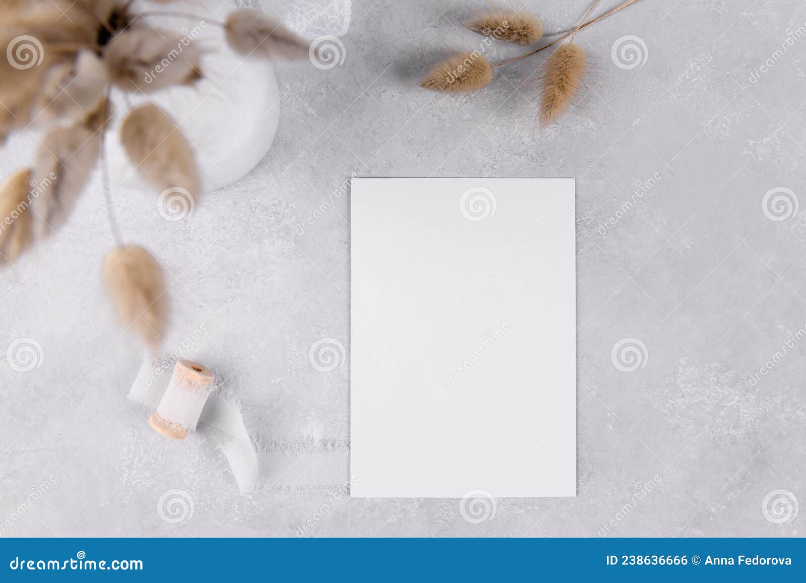 blank card mockup, wedding stationery invitation on grey stone table background with white ribbon, 3,5x5