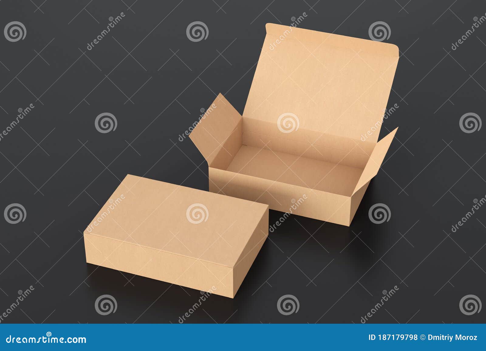 blank cardboard wide flat box with open and closed hinged flap lid on black background.