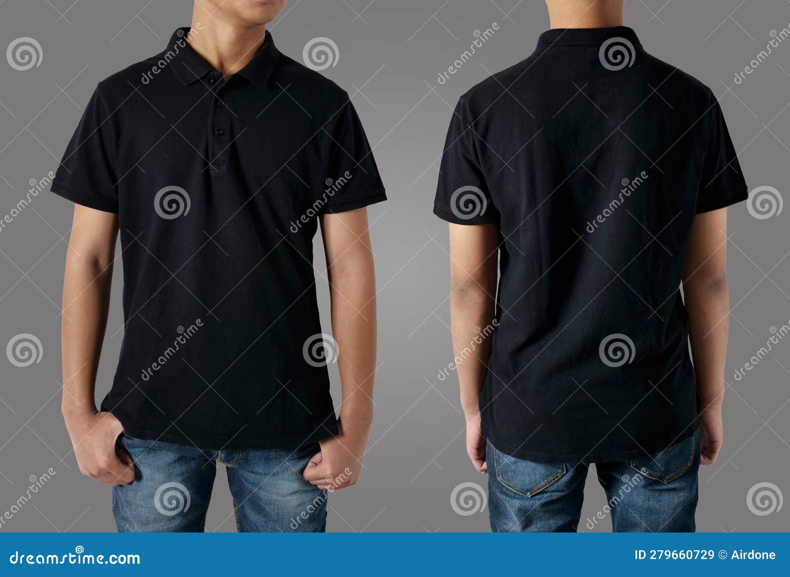 Shirt front and back in black on a gray background