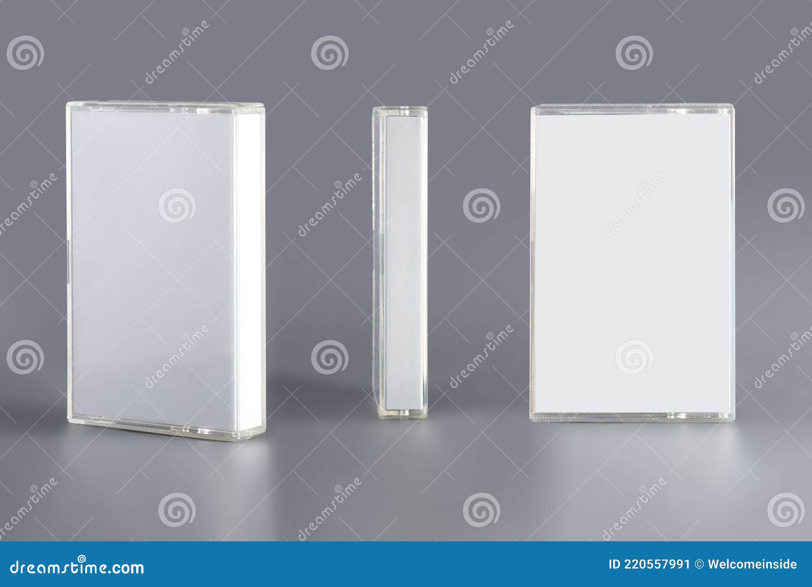 blank compact cassette tape box  mockup, front profil side view. vintage cassete tape record case box mock up