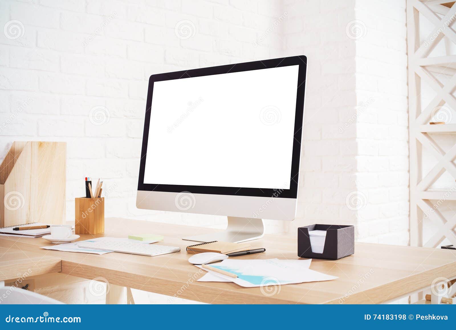 Blank Computer Monitor on Desktop Stock Photo - Image of business ...