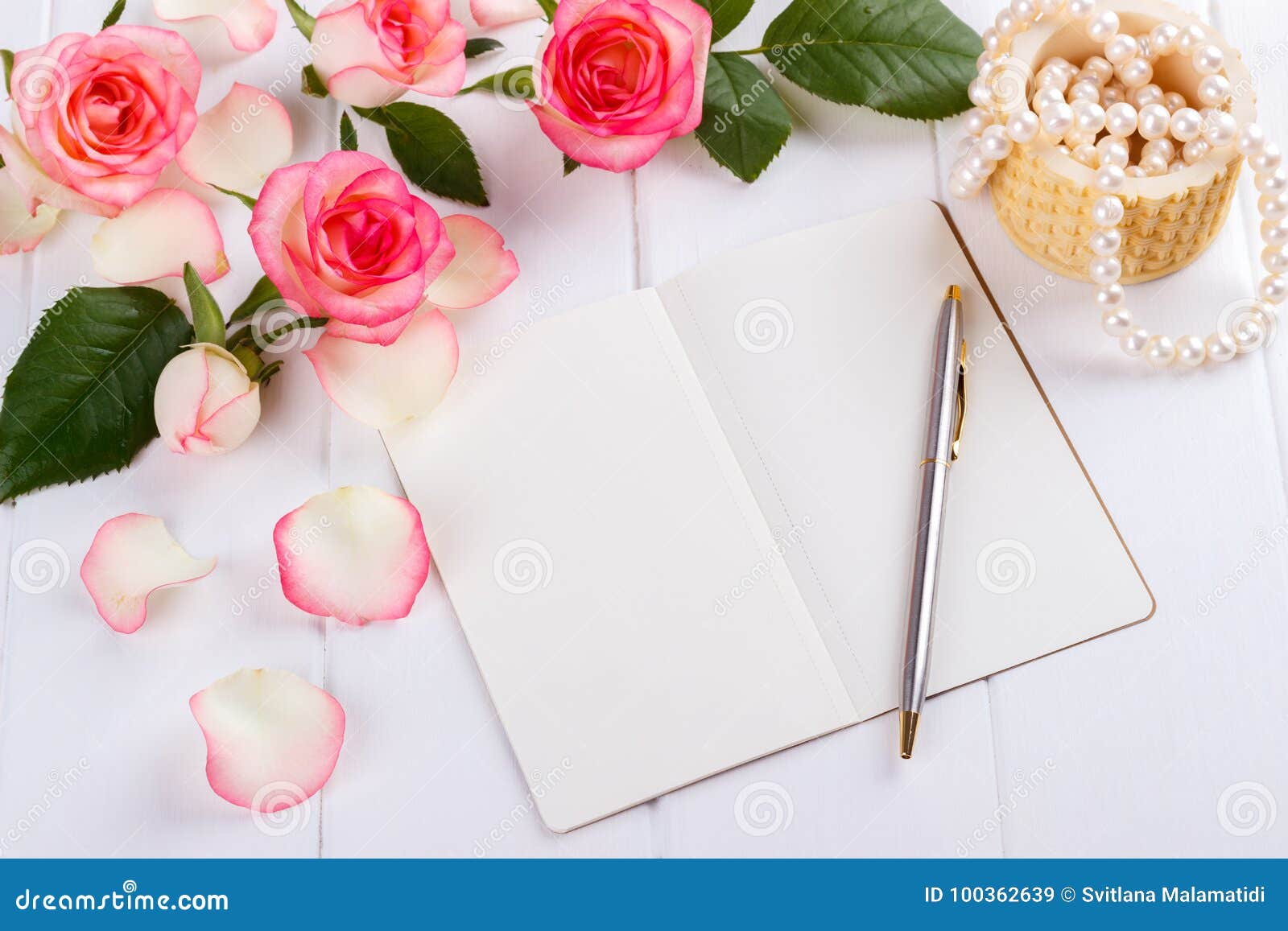 https://thumbs.dreamstime.com/z/blank-diary-journal-open-blank-diary-journal-text-ballpoint-pen-pink-roses-pearls-wooden-desk-overhead-100362639.jpg