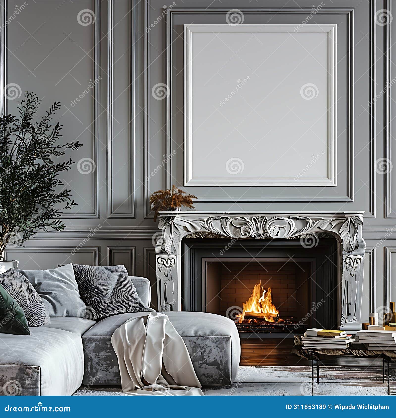 blank empty realistic picture frame mockup with home decor, home interior  scene