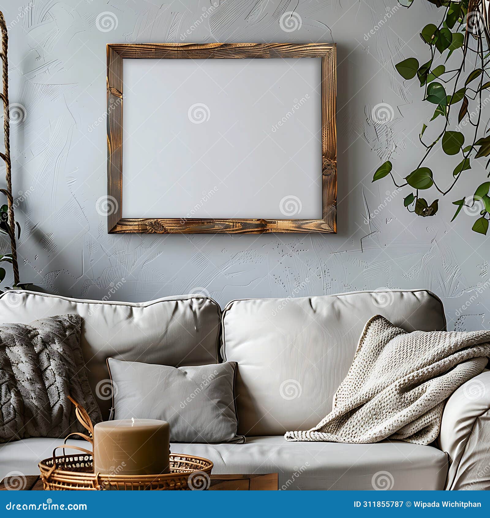 blank empty realistic picture frame mockup with home decor, home interior  scene