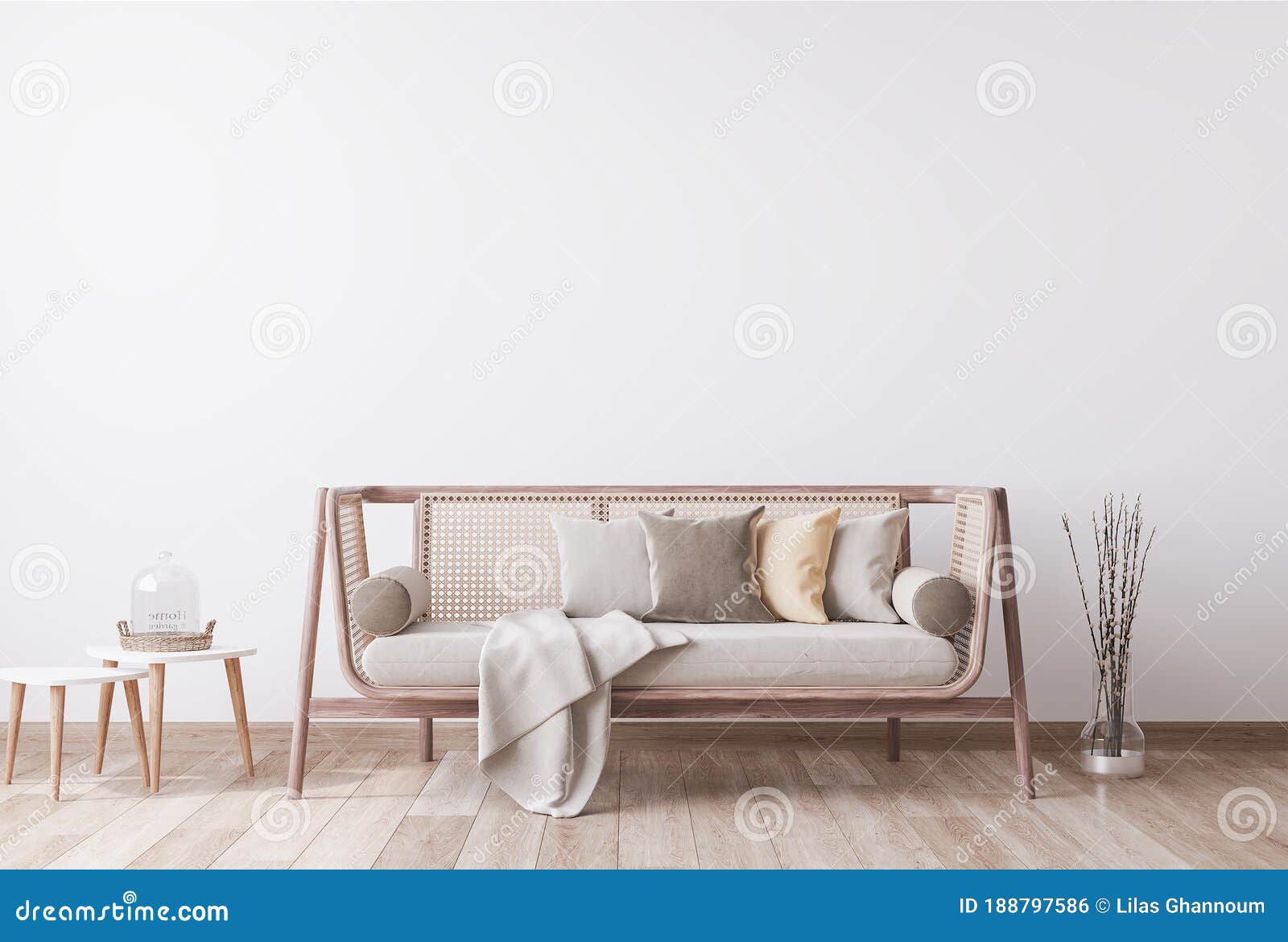 blank empty white wall in stylish modern wooden living room. scandinavian style. rattan home decor.