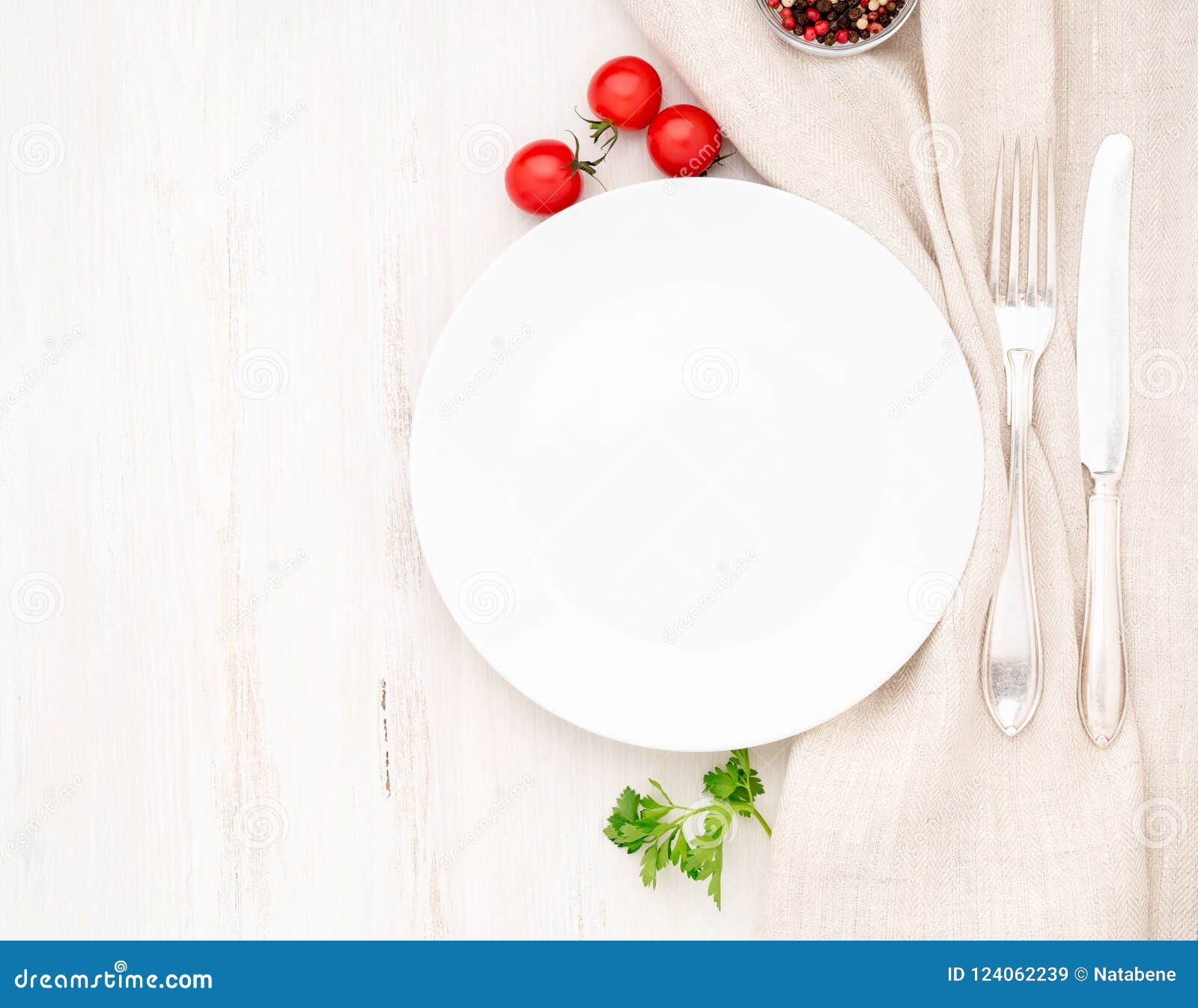 Blank Flat Plate, Fork, Knife on White Table, Top View. Mock Up, Copy ...