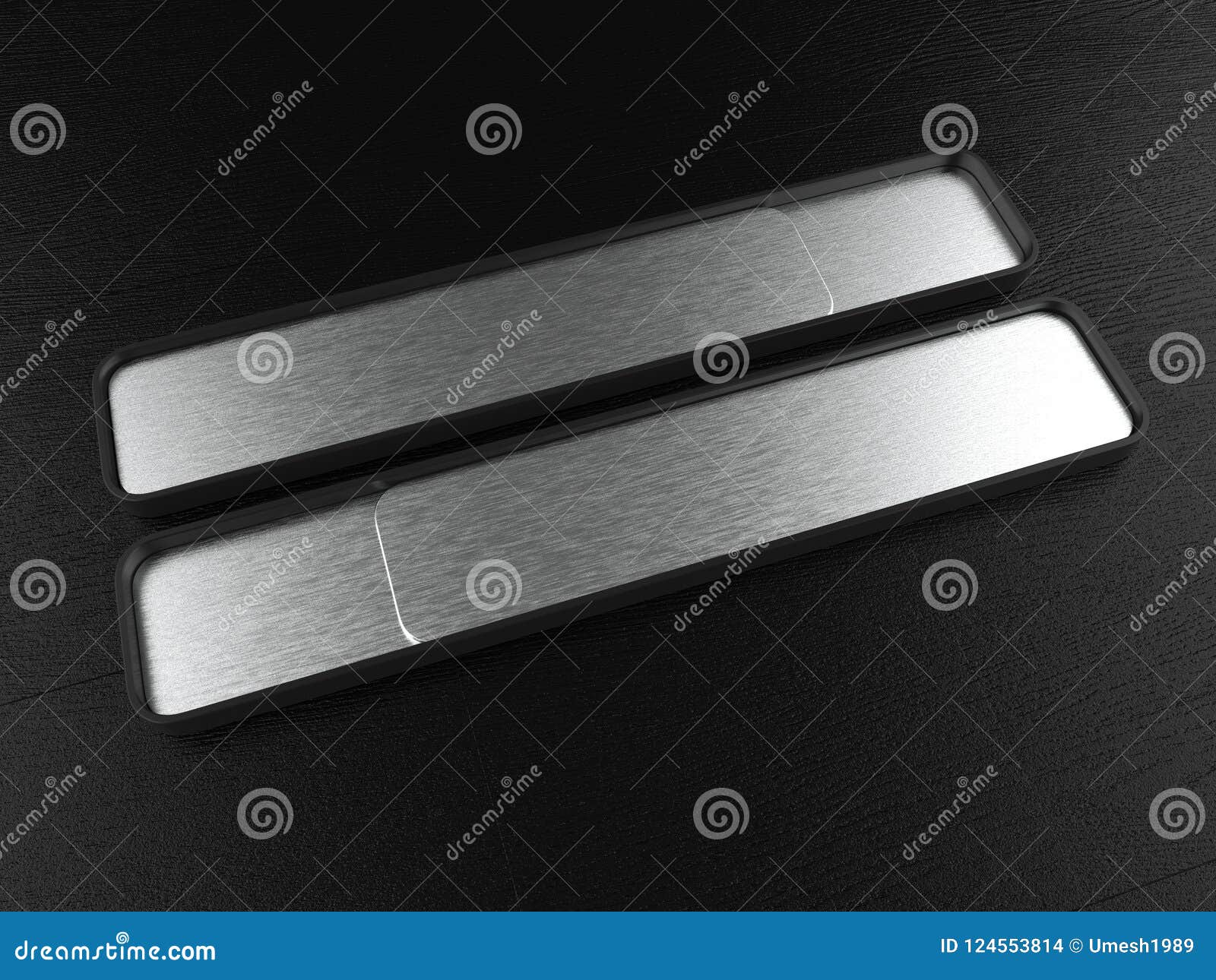 blank frame door and wall signage or desk name plate with brushed metal plate. 3d render .