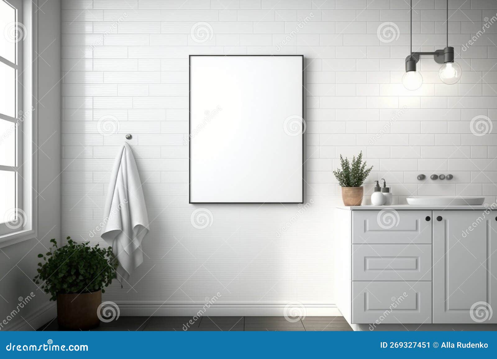 Blank Frame on White Wall in Bathroom. Template for Design. Mock Up. AI