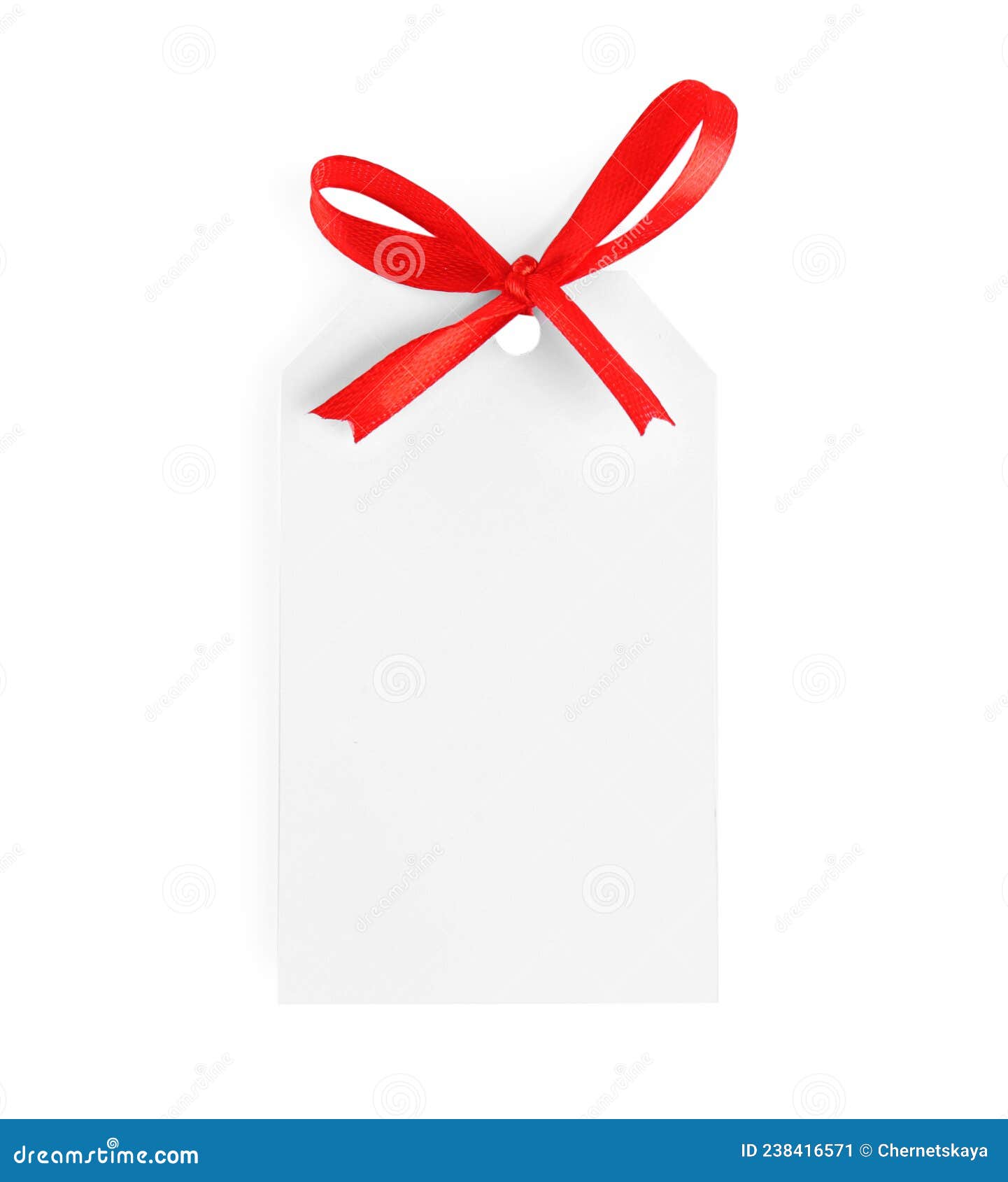 Blank Gift Tag with Red Satin Ribbon on White Background, Top View