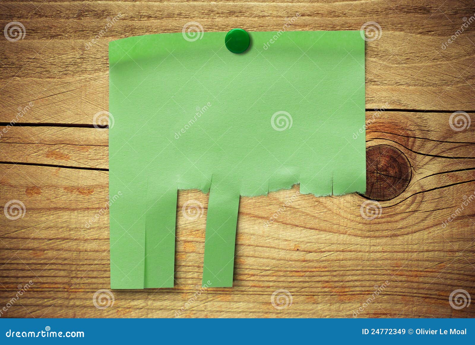 Blank green note with tearable strips over wooden background, can be customized to enter some text, address and contact details
