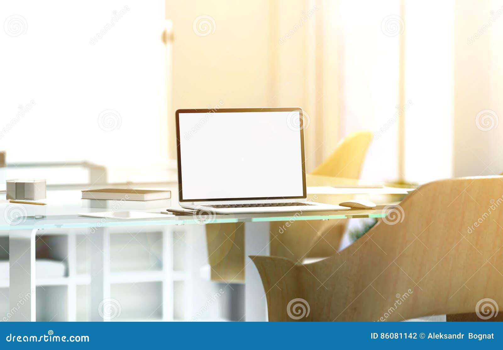 Blank Laptop Screen Mockup In Sunny Office Depth Of Field Stock