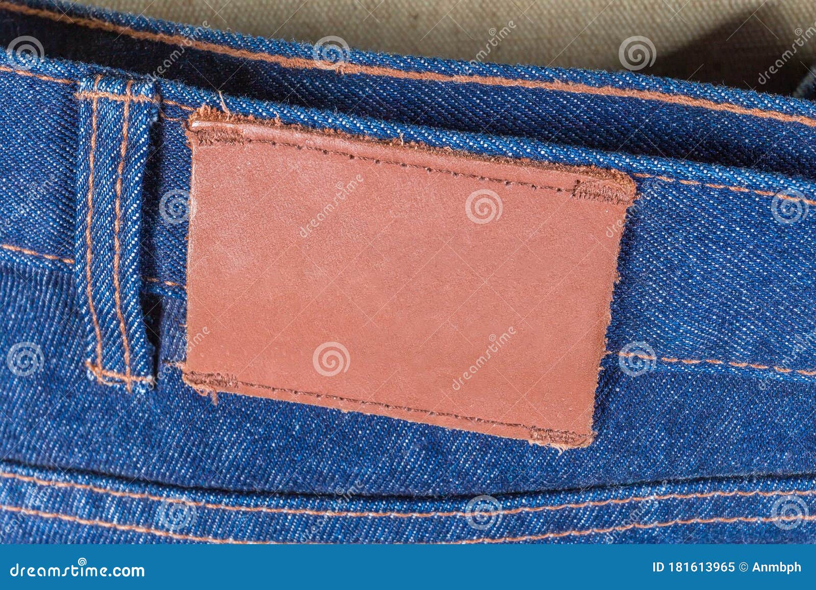 Blank Leather Label Sewed on Waistband of the Blue Jeans Stock Image ...