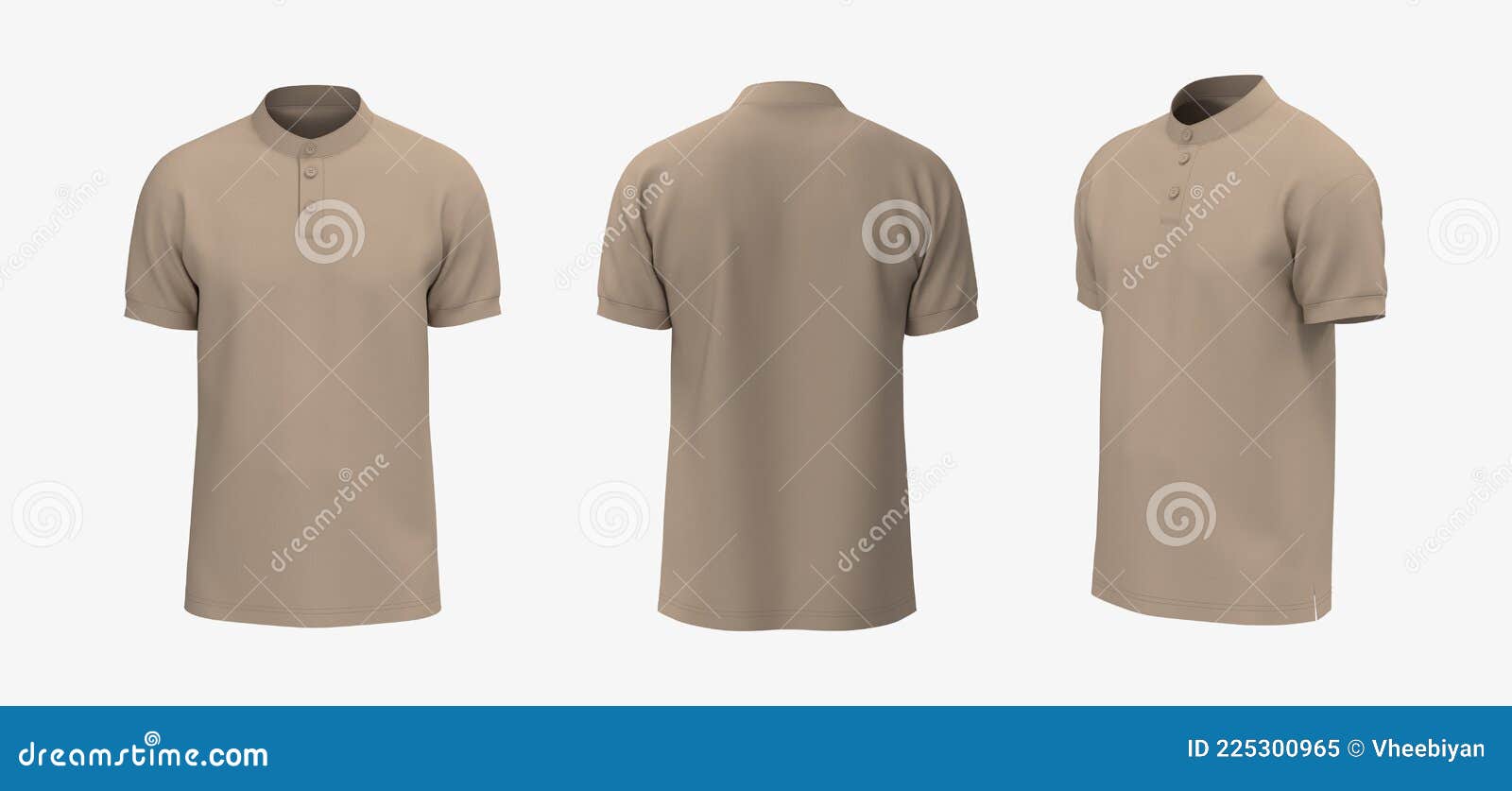 blank mandarin collar t-shirt mockup in front, side and back views