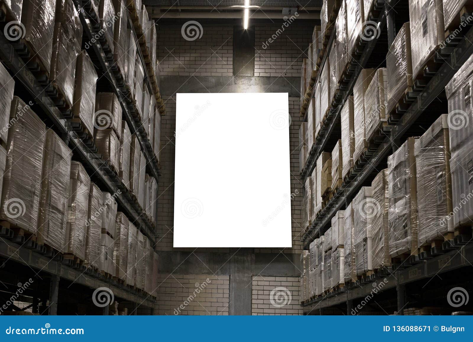 Download Blank Mockup Advertising With Copy Space On The Wall Of The Warehouse Storage With Rows Of Shelves With Goods Boxes Stock Image Image Of Indoors Background 136088671