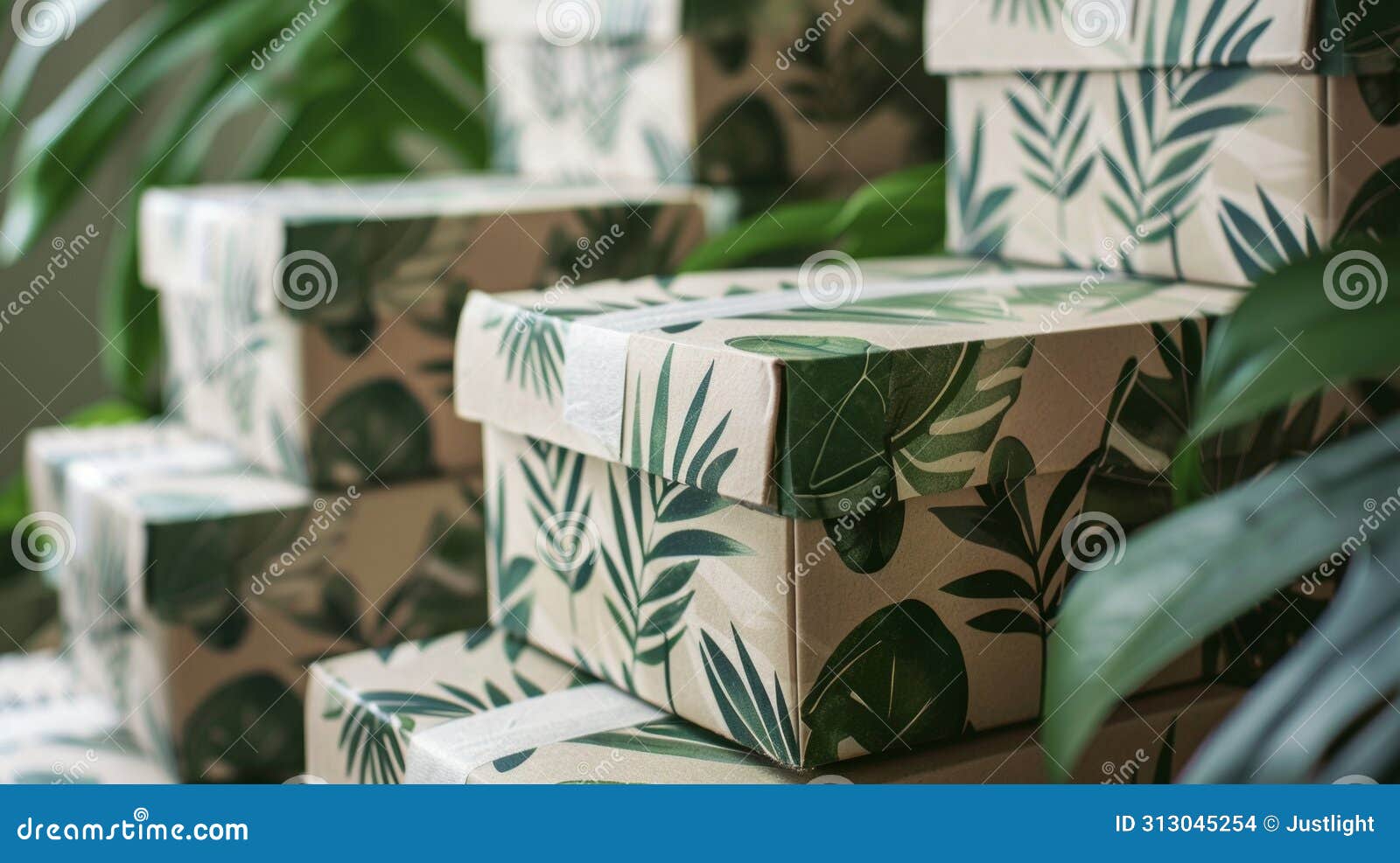 blank mockup of a stack of ecofriendly shipping boxes with a subtle leaf pattern and ecopackaging labe