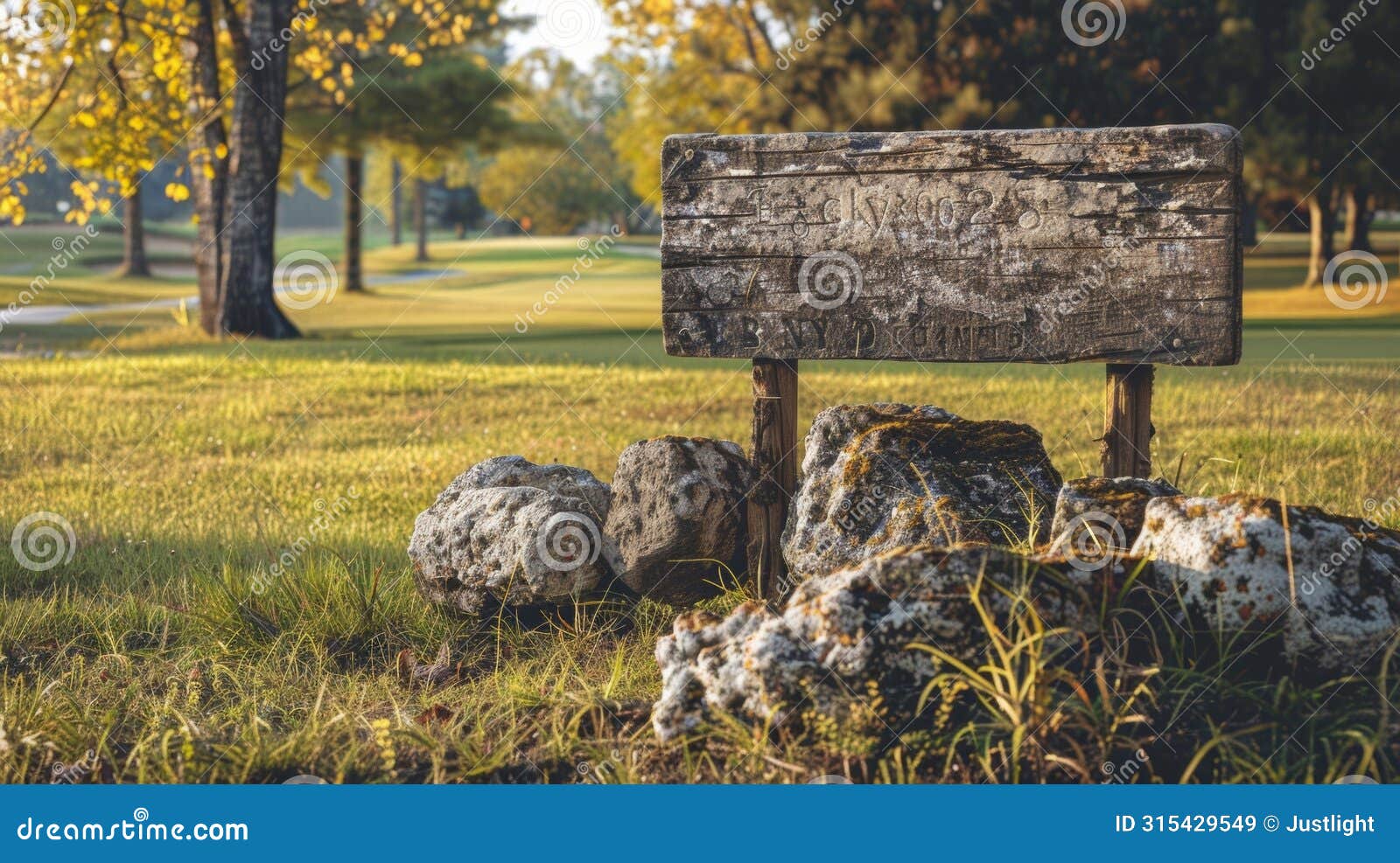 blank mockup of a weathered sign made from roughhewn stones positioned at the entrance of a rustic golf course.