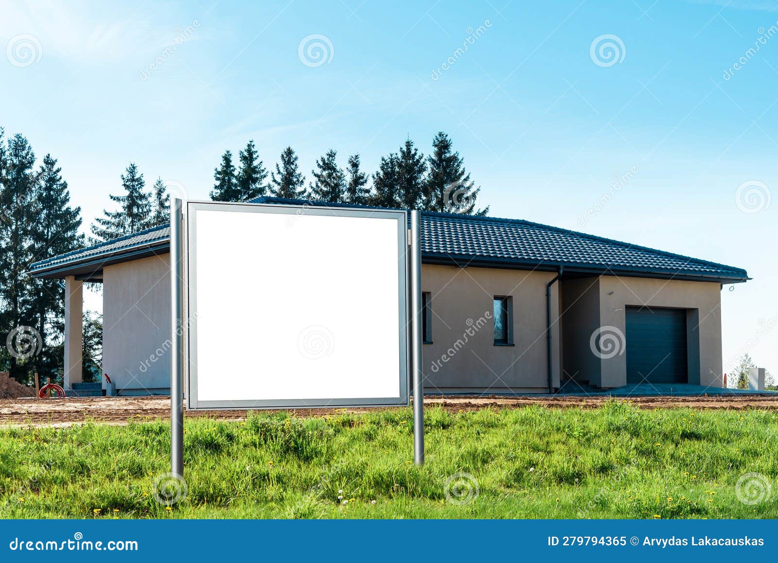 blank mockup white billboard standing in front.new modern house just built not yet installed,external view.summer day