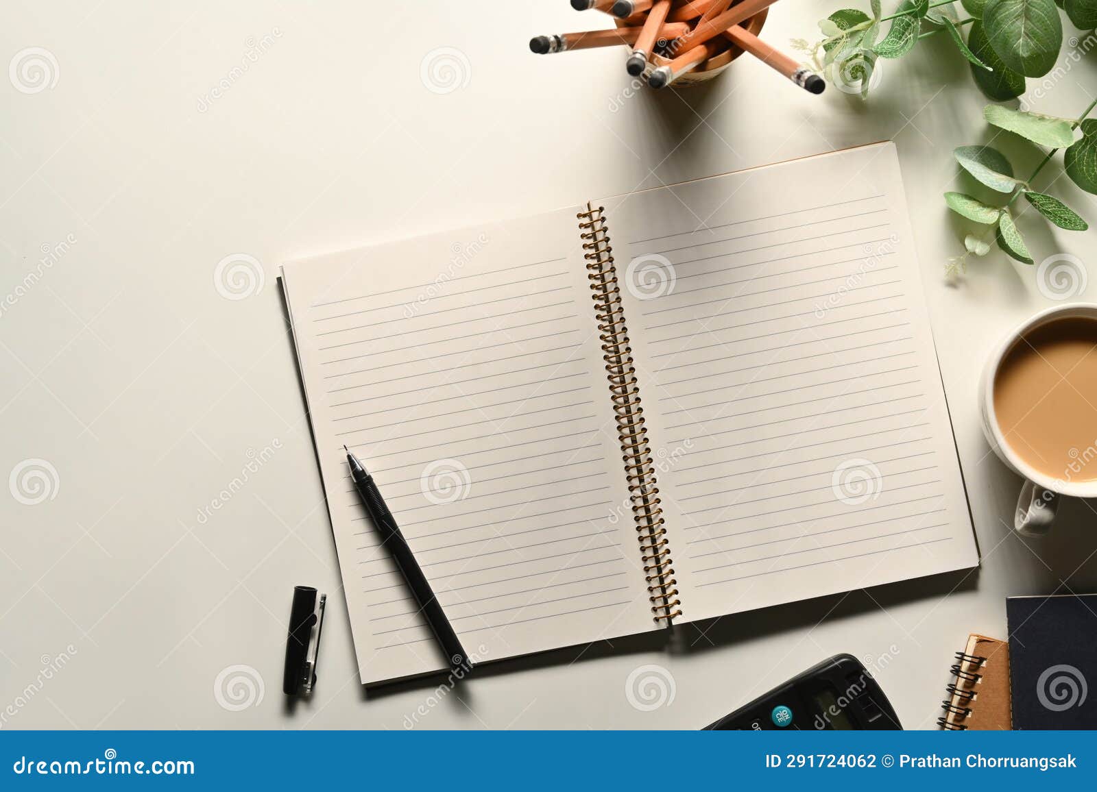 Blank Notebook with Pen, Coffee Cup and Pencil Holder on White Office
