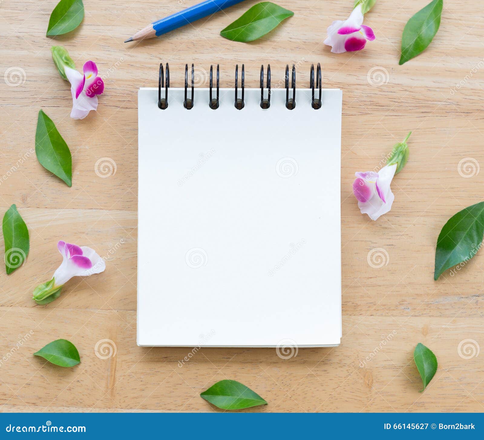 Blank Notebook on Wood Background with Flowers Stock Image - Image of  beautiful, design: 66145627