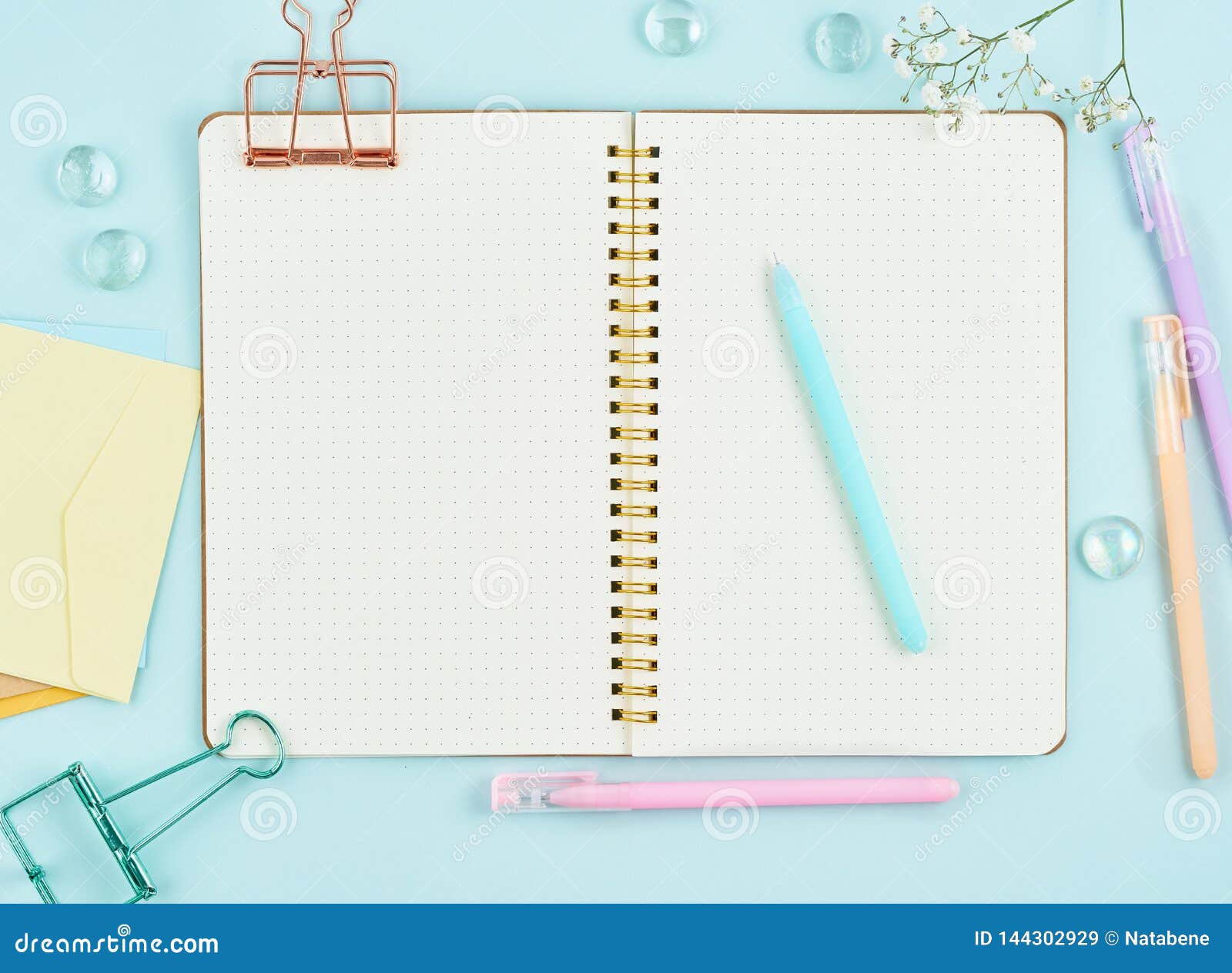 Download Blank Notepad Page In Bullet Journal On Blue Office Desktop. Top View Of Modern Bright Table ...