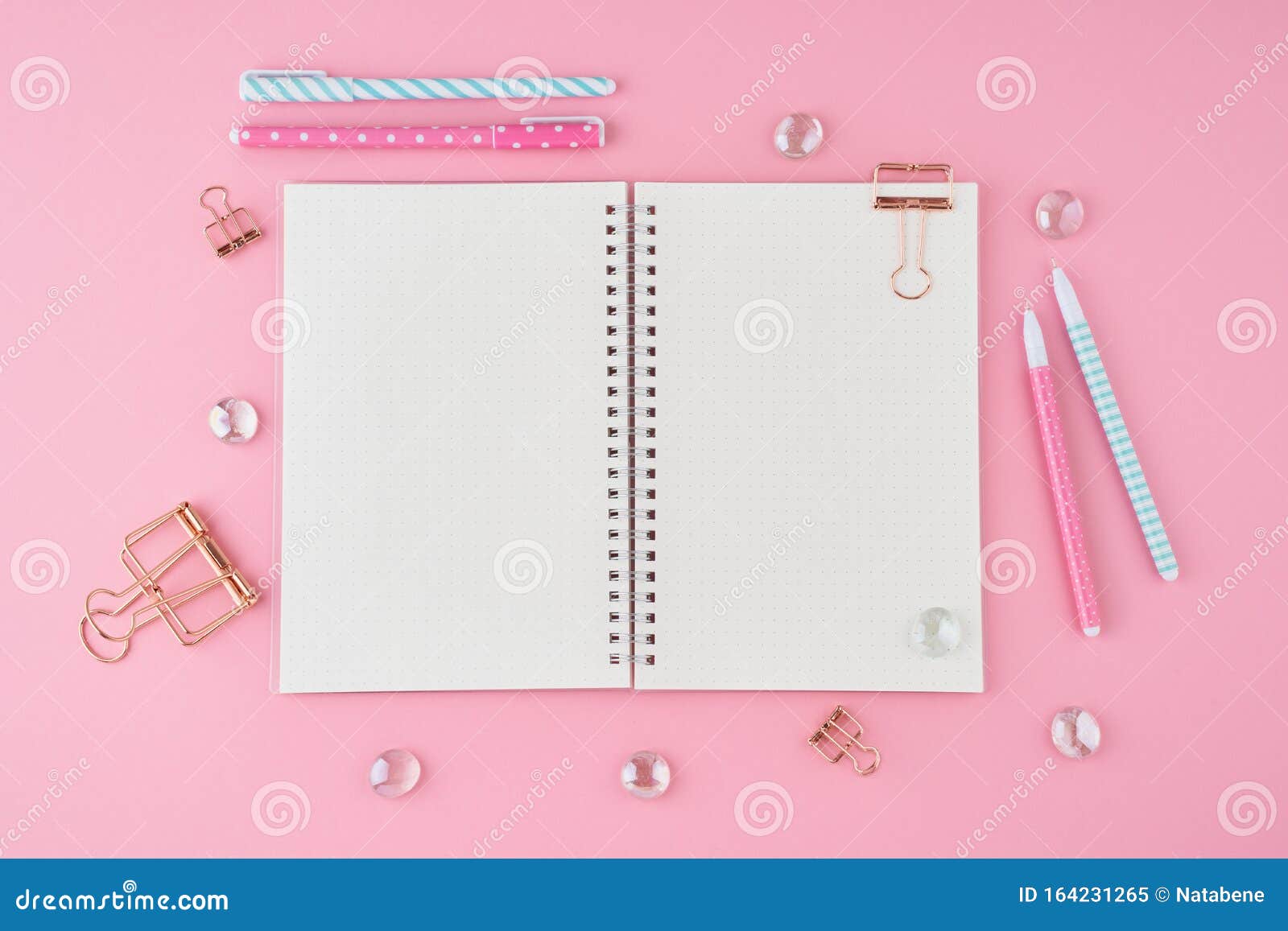 Download Blank Notepad Page In Bullet Journal On Bright Pink Office Desktop. Top View Of Modern Bright ...