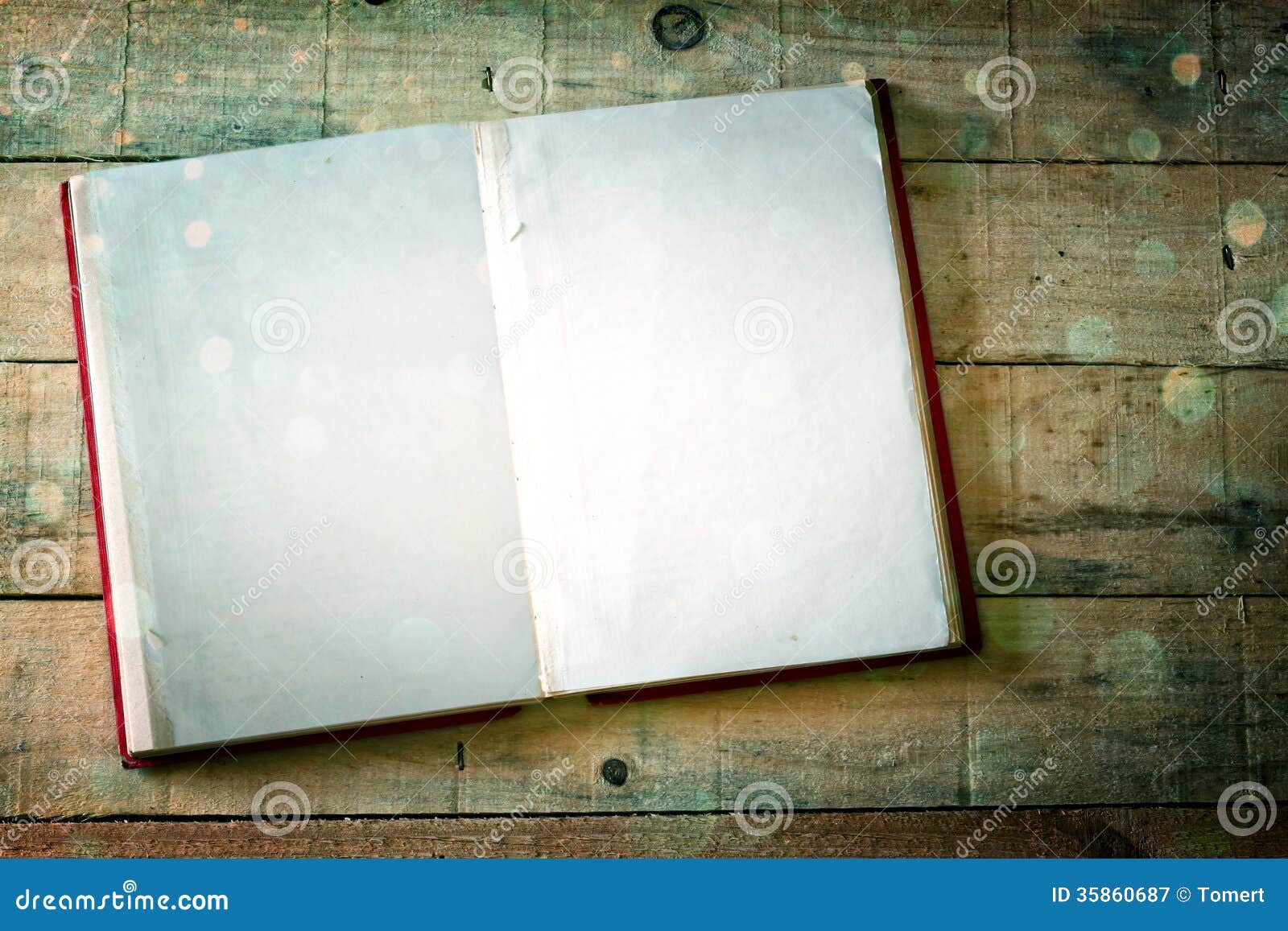 Blank Pages of Open Book Over Wood Table. Cross Process Effect, Stock
